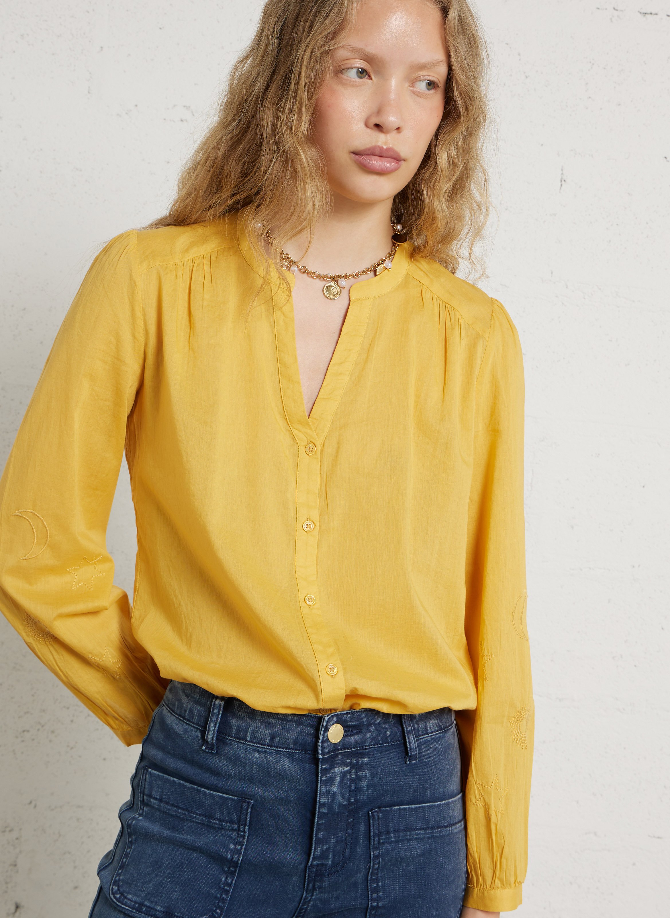 Bluse mit Tunika-Kragen und Baumwollstickereien LA PETITE ETOILE Mehrfarbig