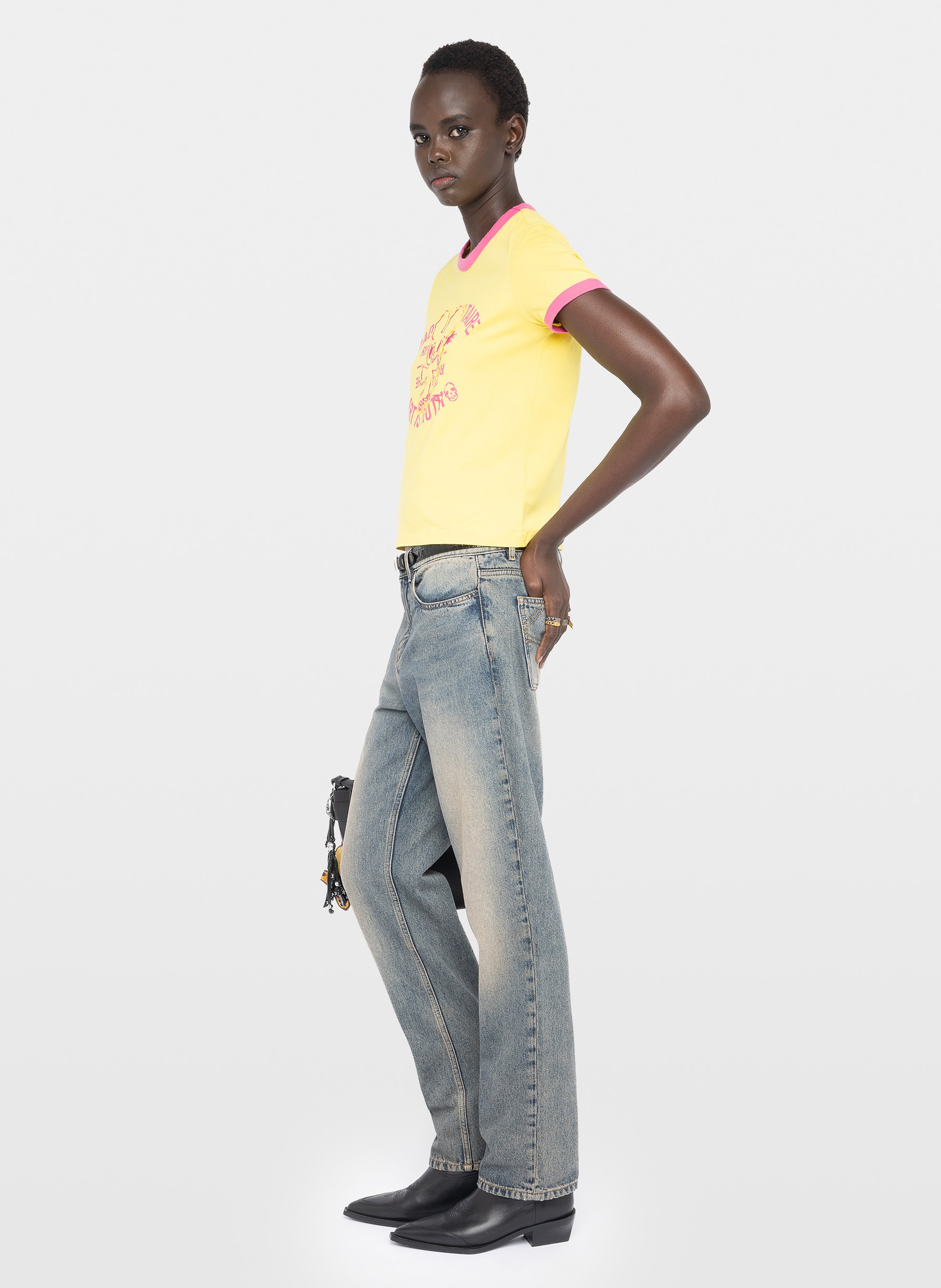 Rundhalsausschnitt T-Shirt mit kurzen Ärmeln und Druck Gelb