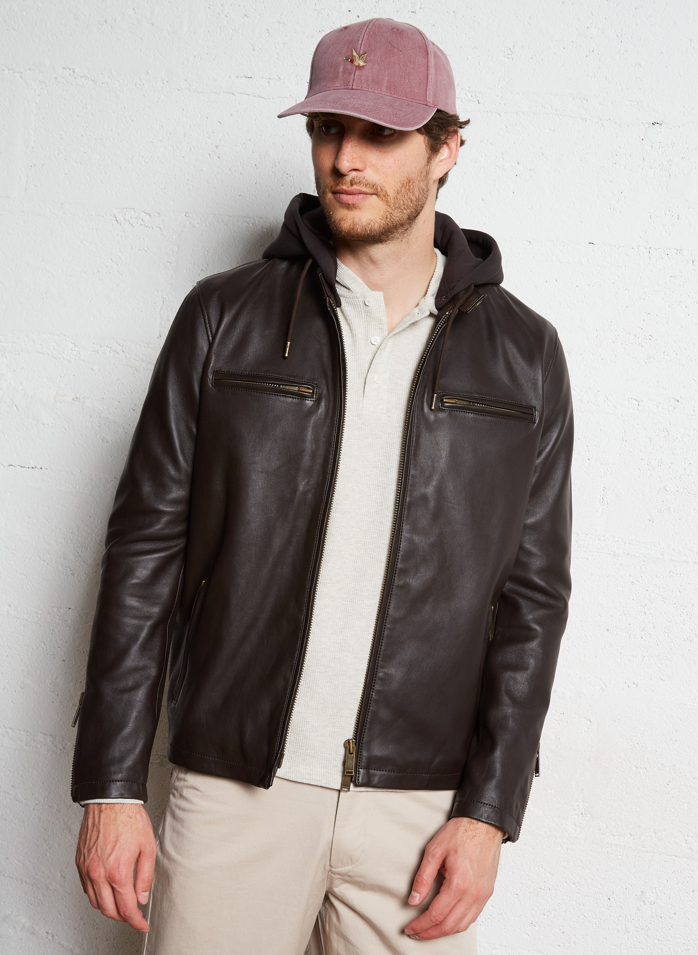 Blouson droit en cuir CHEVIGNON Marron