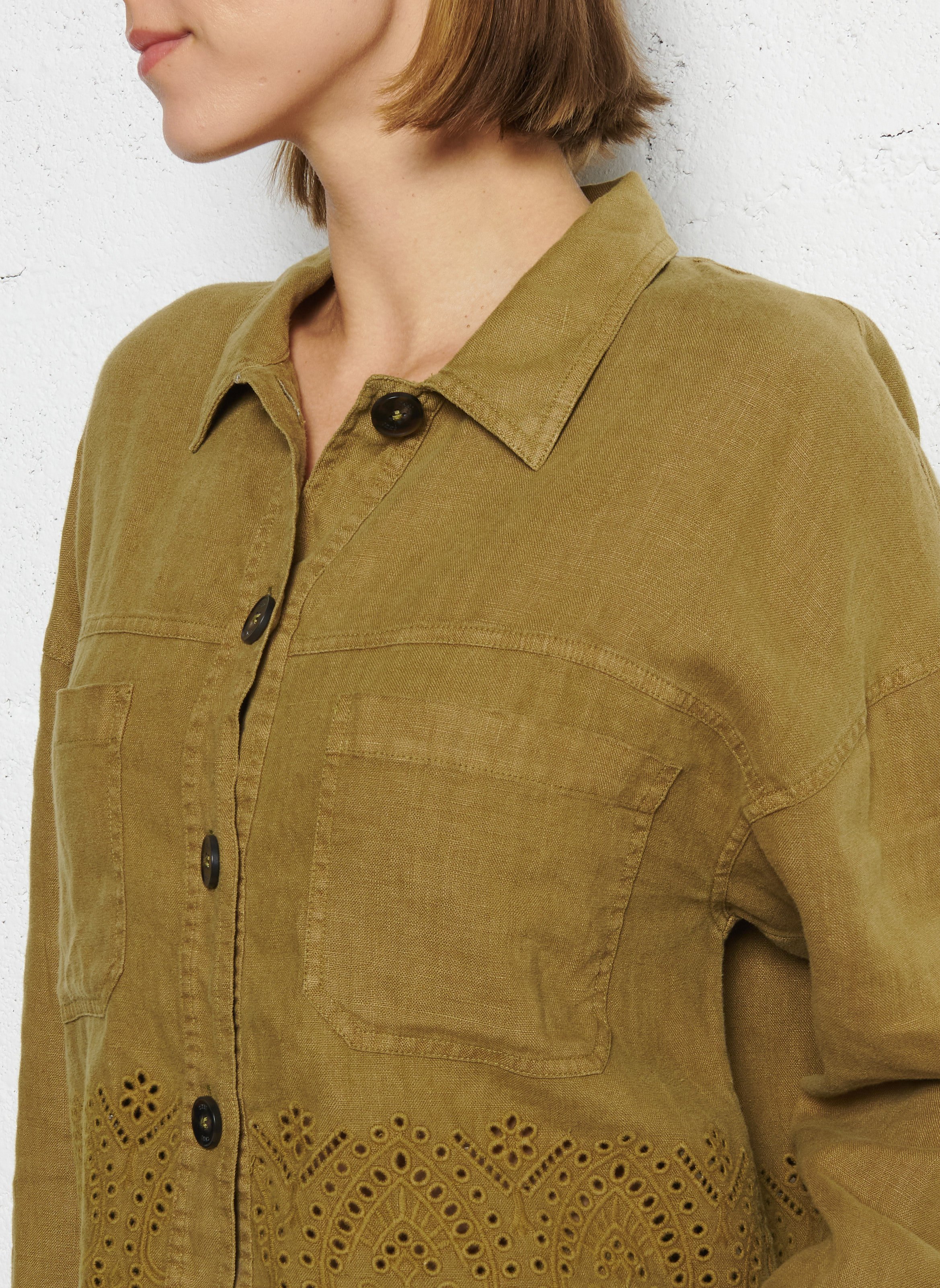Straight linen shirt with embroidery IKKS Khaki