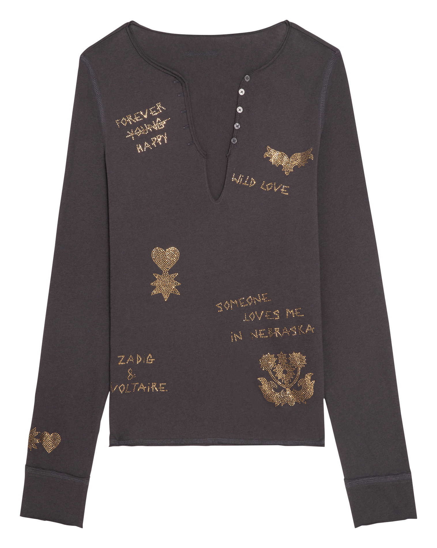 Tee-shirt droit manches longues à strass Marron