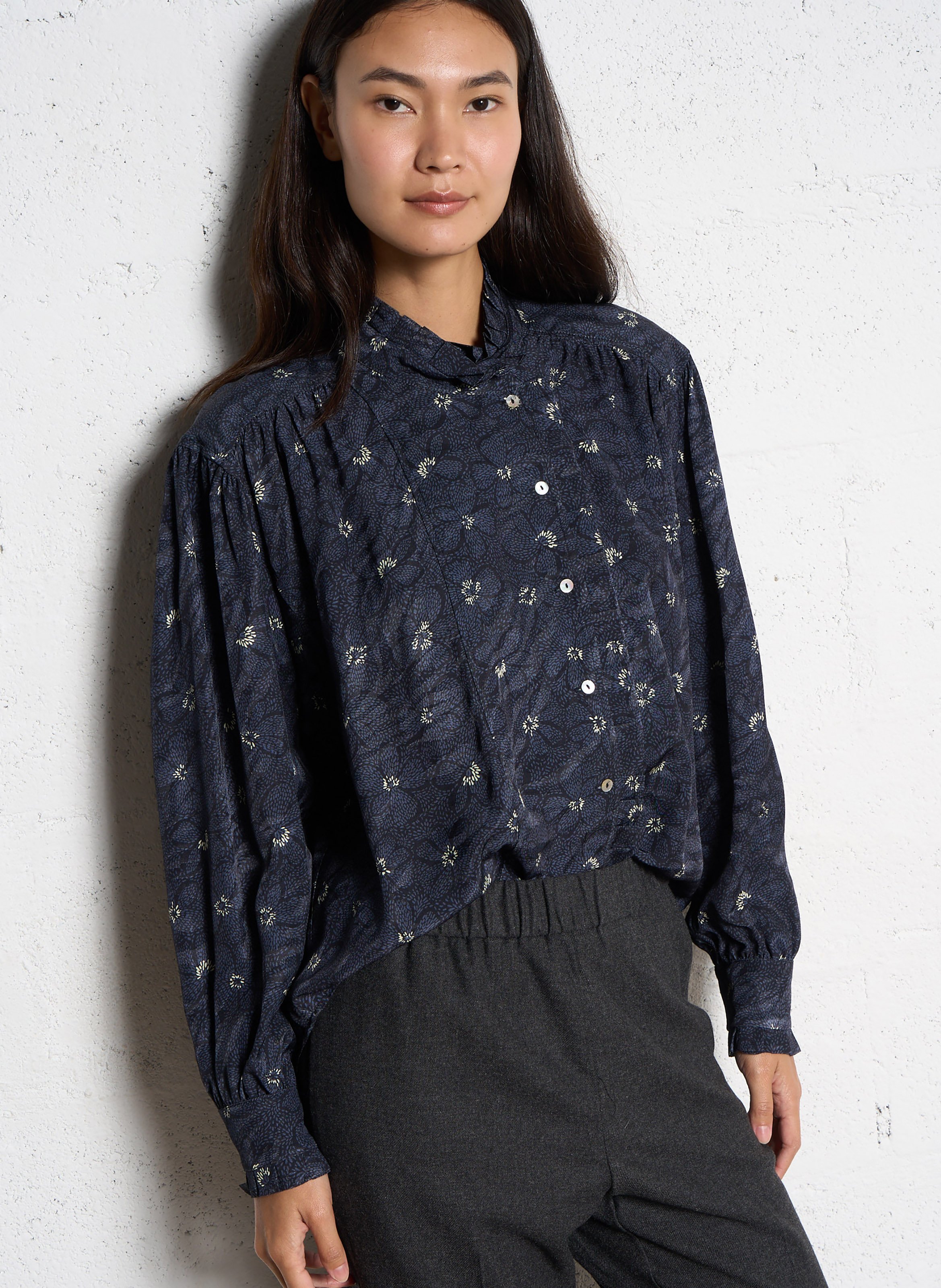 Blouse ample col montant imprimée en coton SOPHIE+LUCIE Bleu