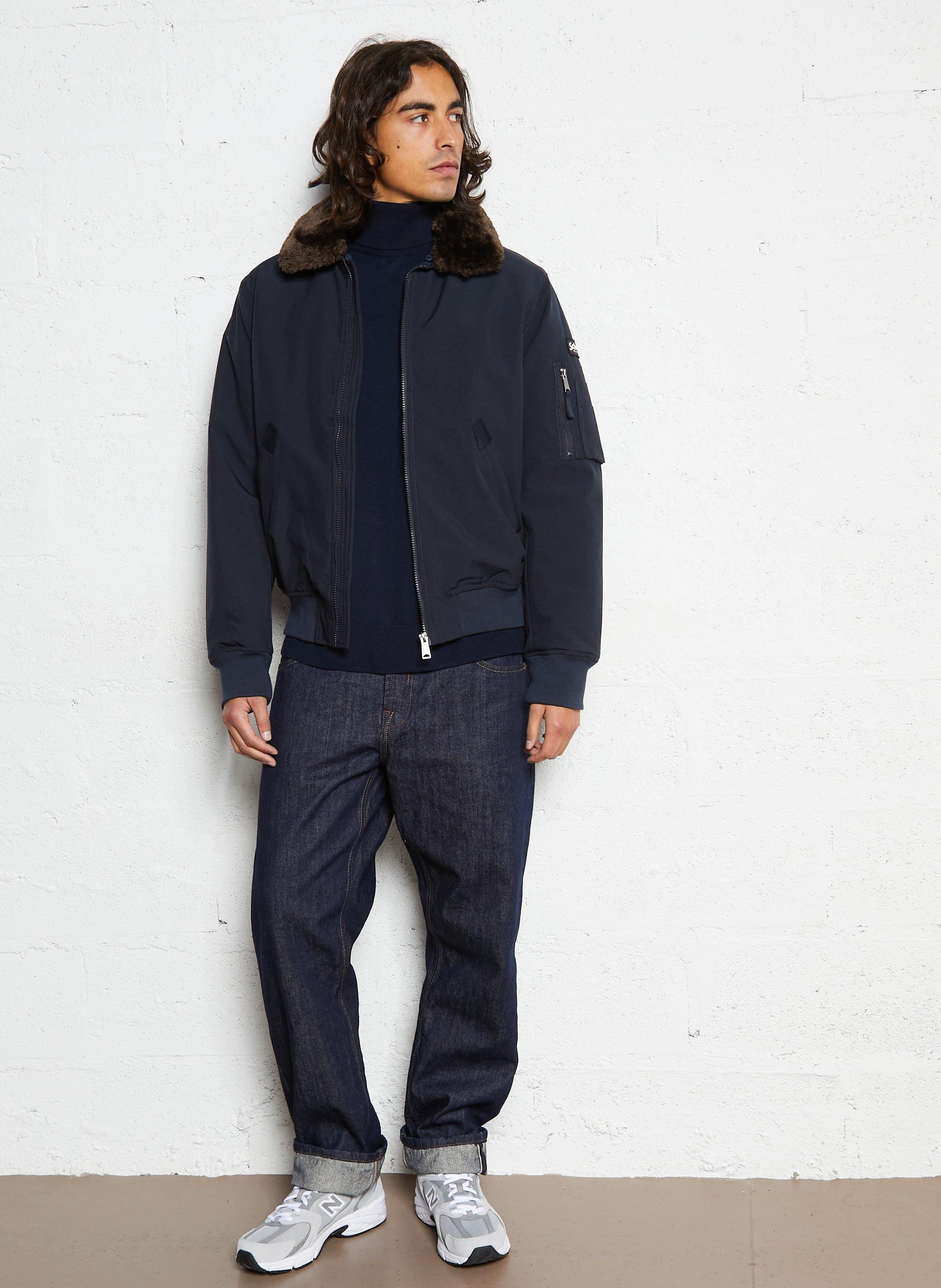 Blouson pilote ample uni à col fourrure SCHOTT Bleu