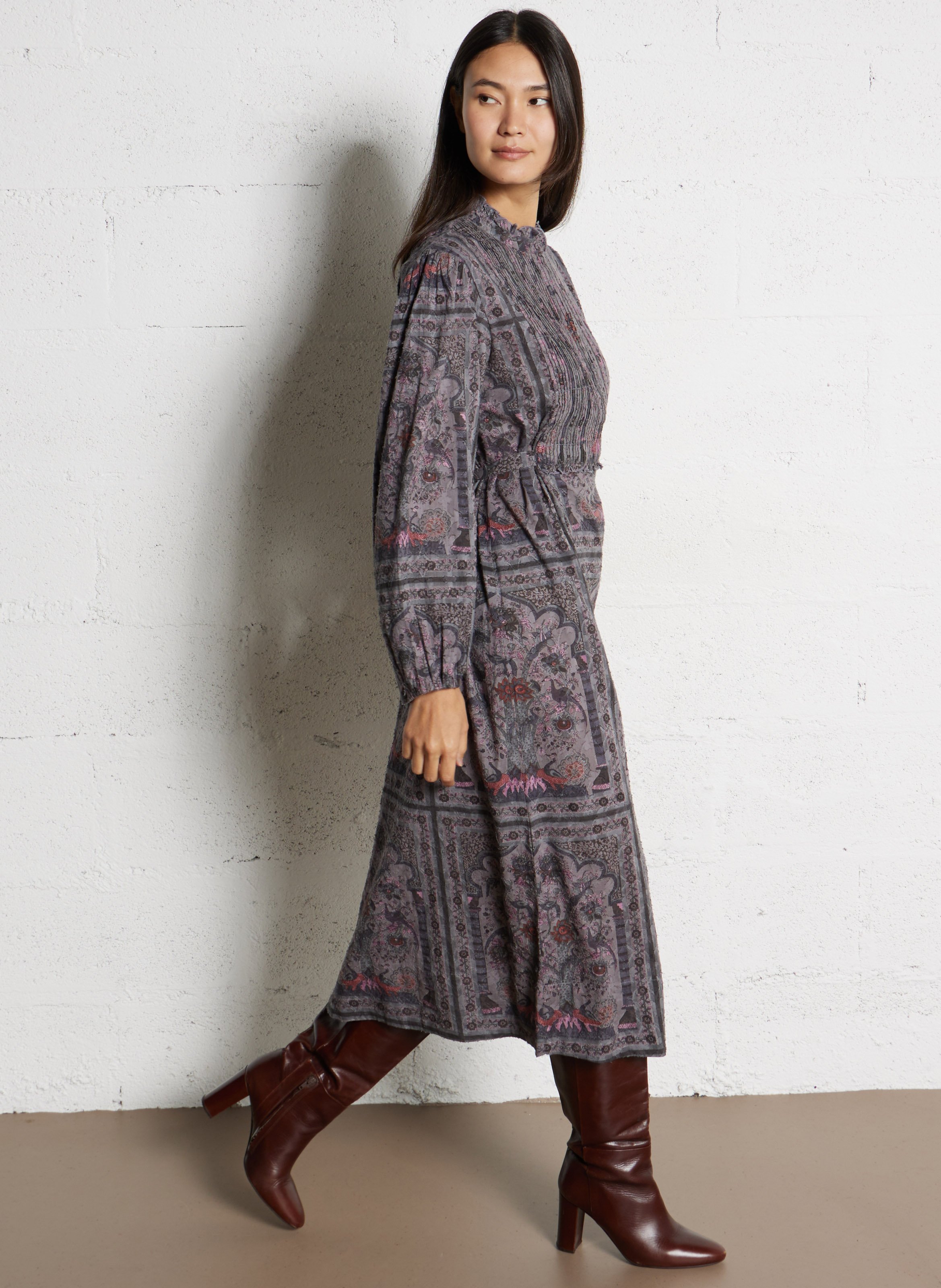 Langes Baumwollkleid mit Rundhalsausschnitt mit Print ANTIK BATIK Grau