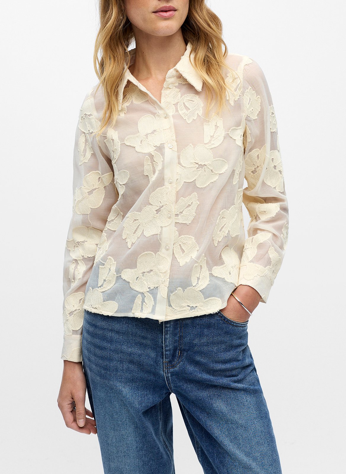 Cotton and linen shirt with classic collar OBJECT Beige