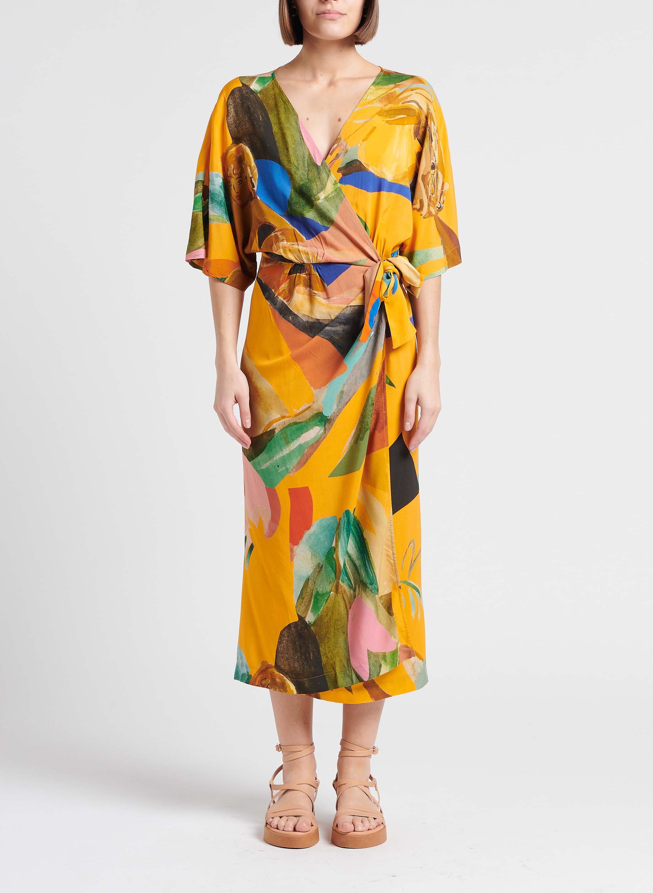 Robe longue col V imprimé tropical G.KERO Orange