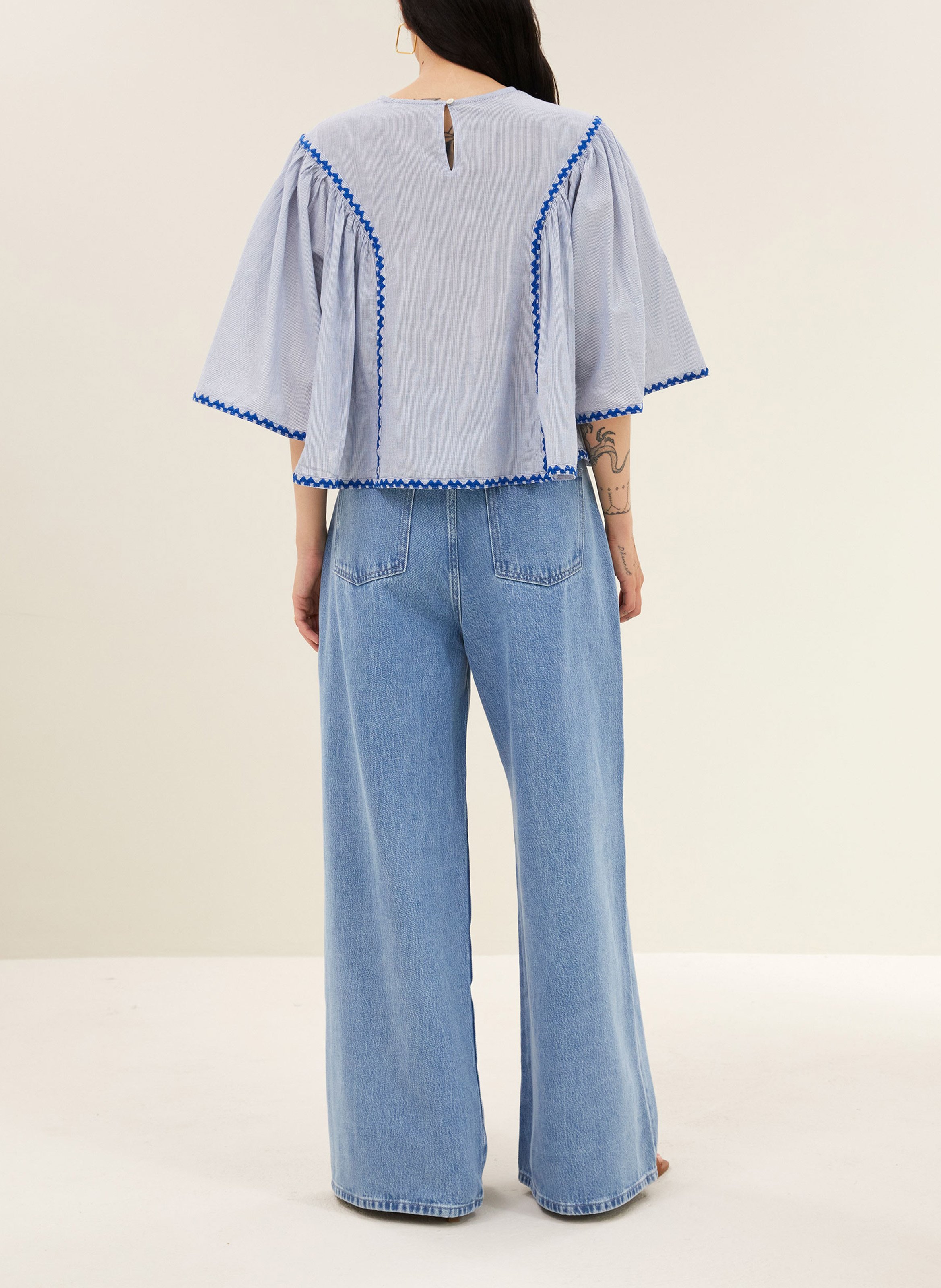 Top droit col rond en coton rayé BY BAR Bleu