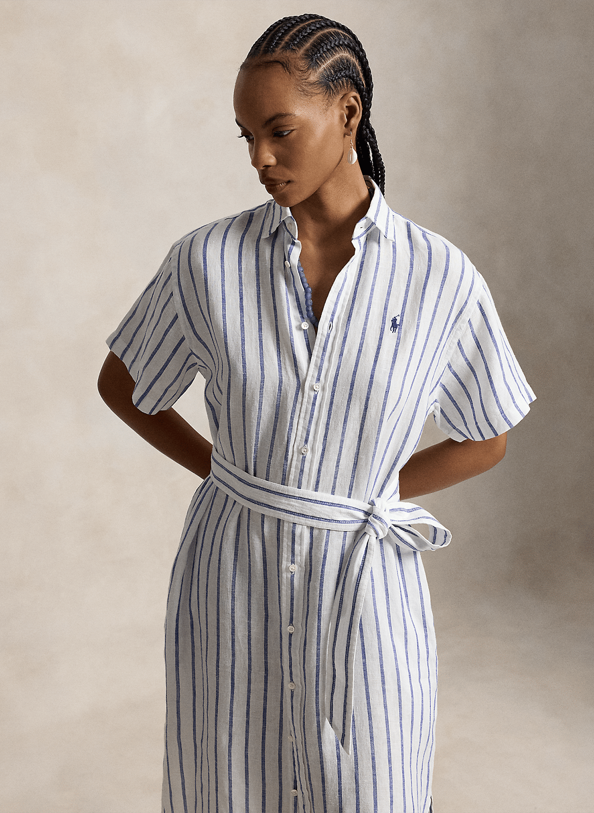 Midi-jurk met strepen en ceintuur van linnen POLO RALPH LAUREN Blauw