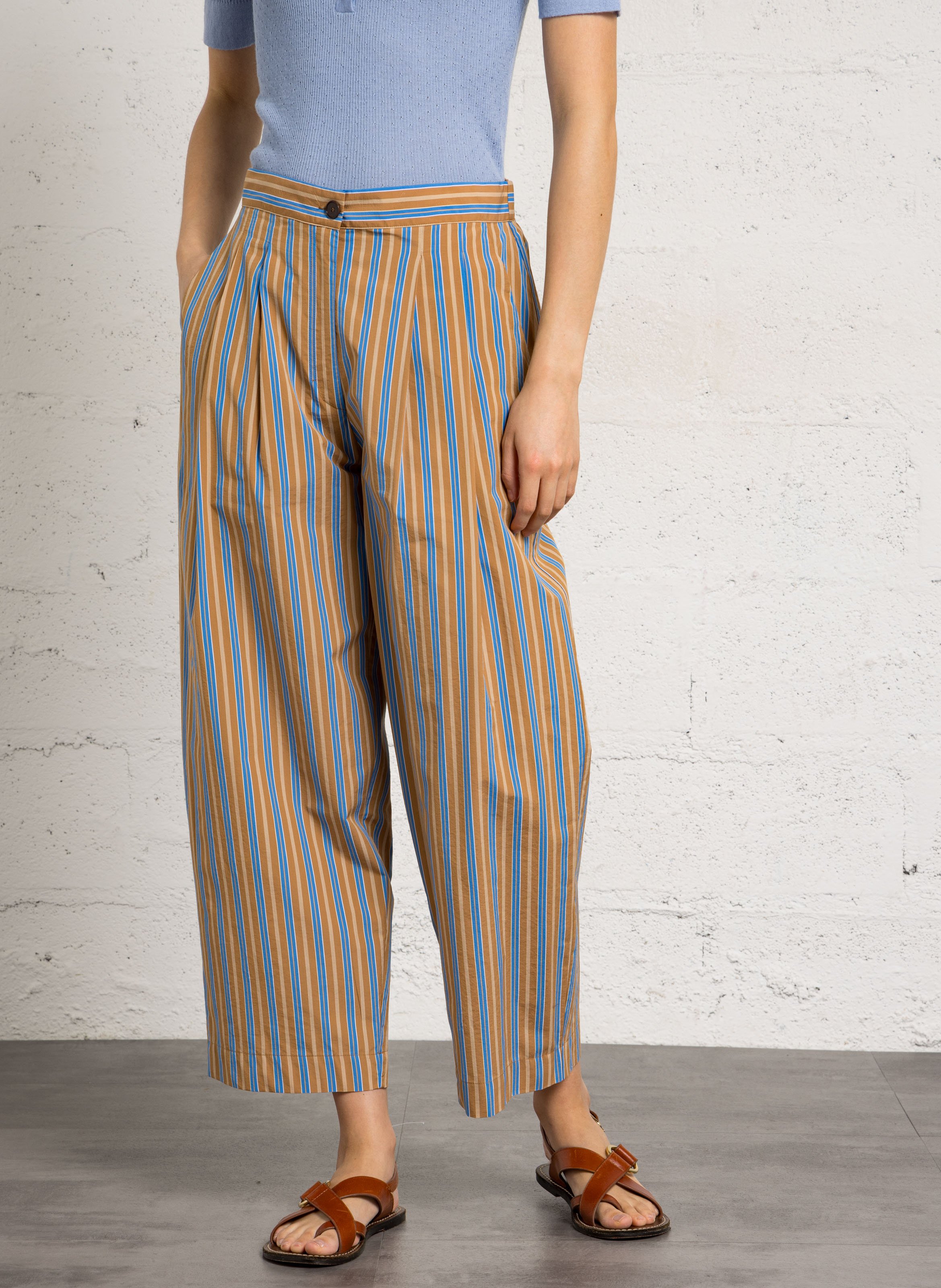 Pantalon droit en coton mélangé rayé BELLEPIECE Marron