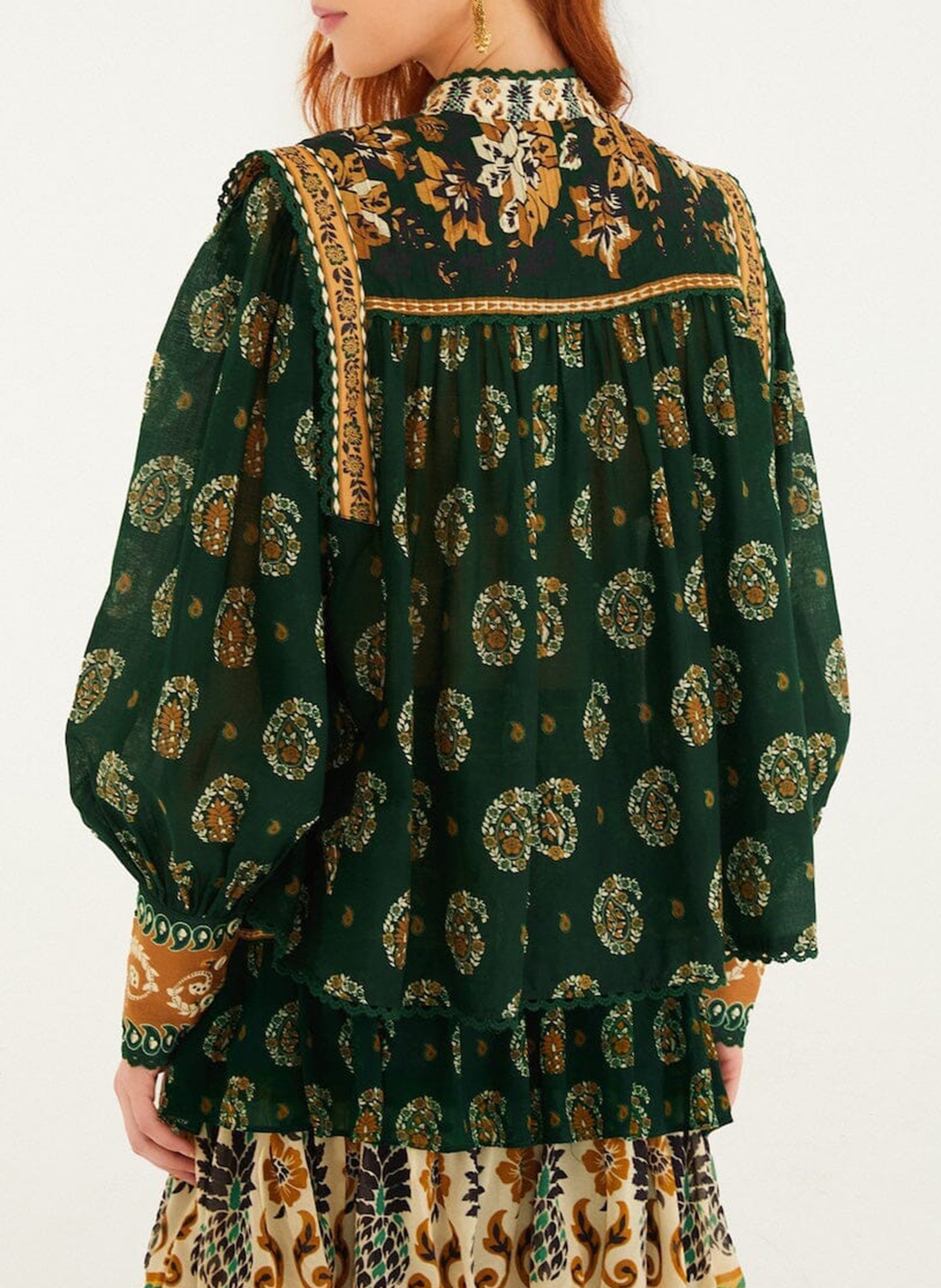Printed cotton straight blouse with mandarin collar FARM RIO Green