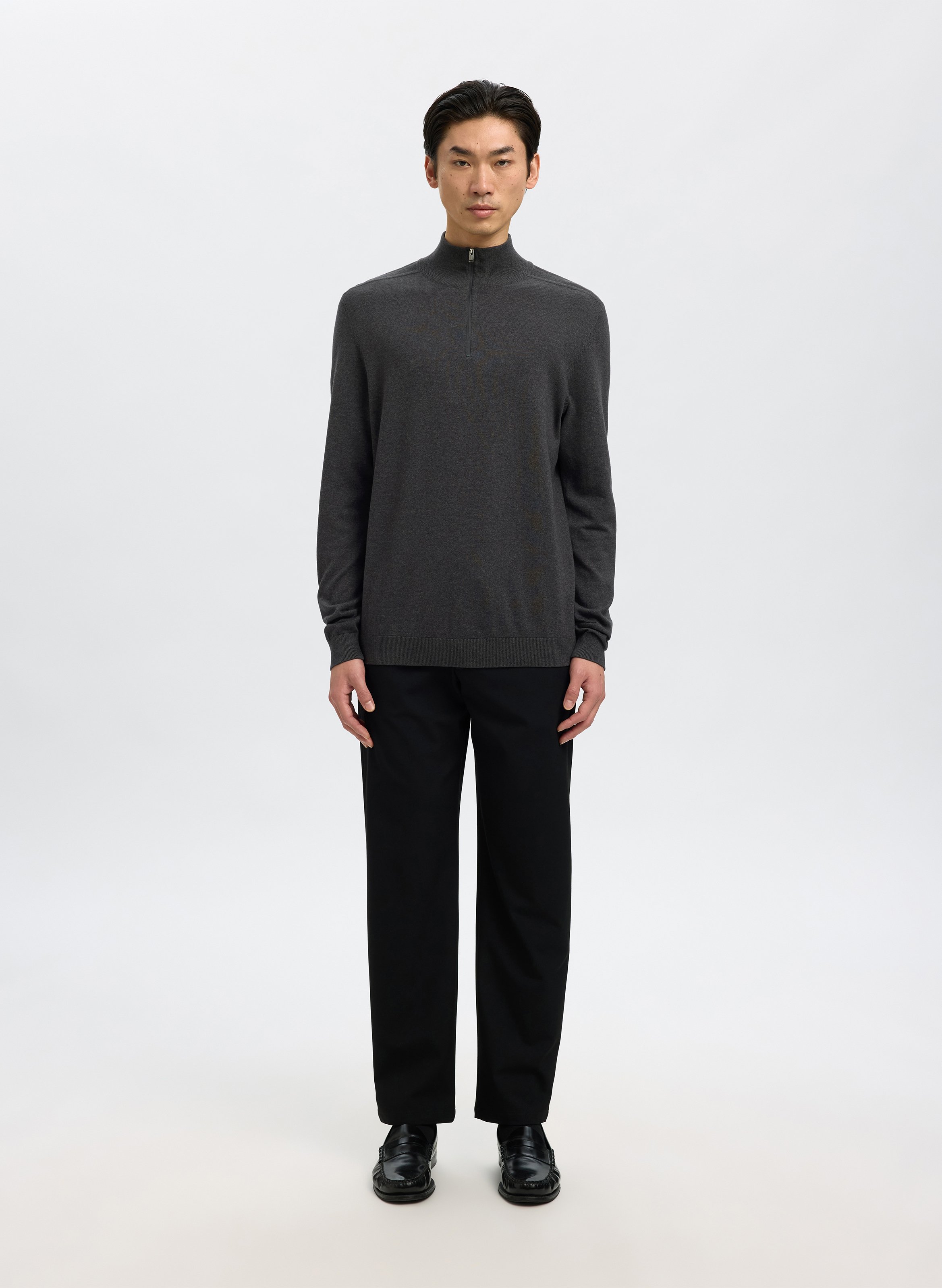 Baumwollpullover mit Stehkragen und Reißverschluss, Regular Fit SELECTED Grau