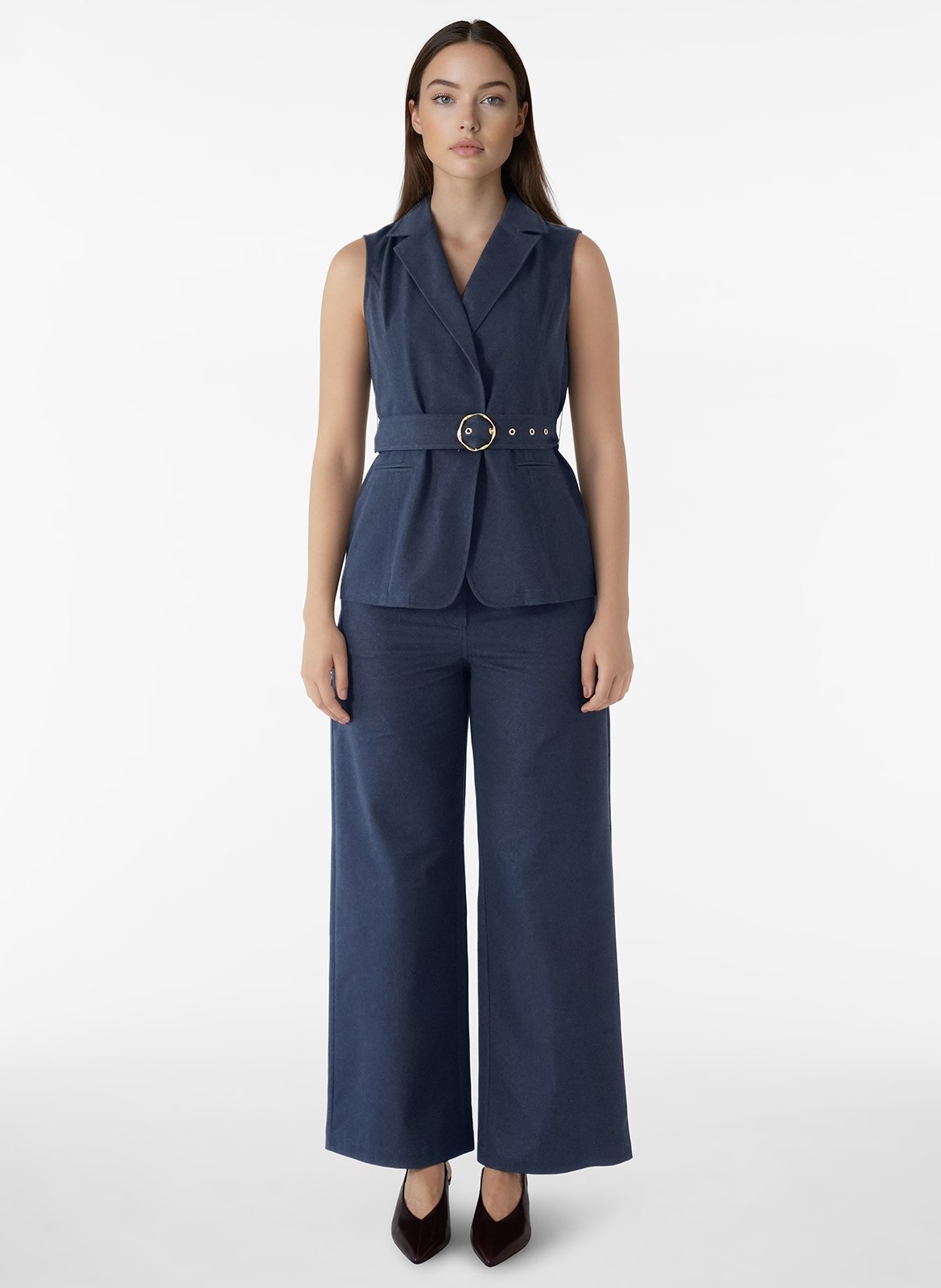Pantalon large taille haute uni VILA Bleu