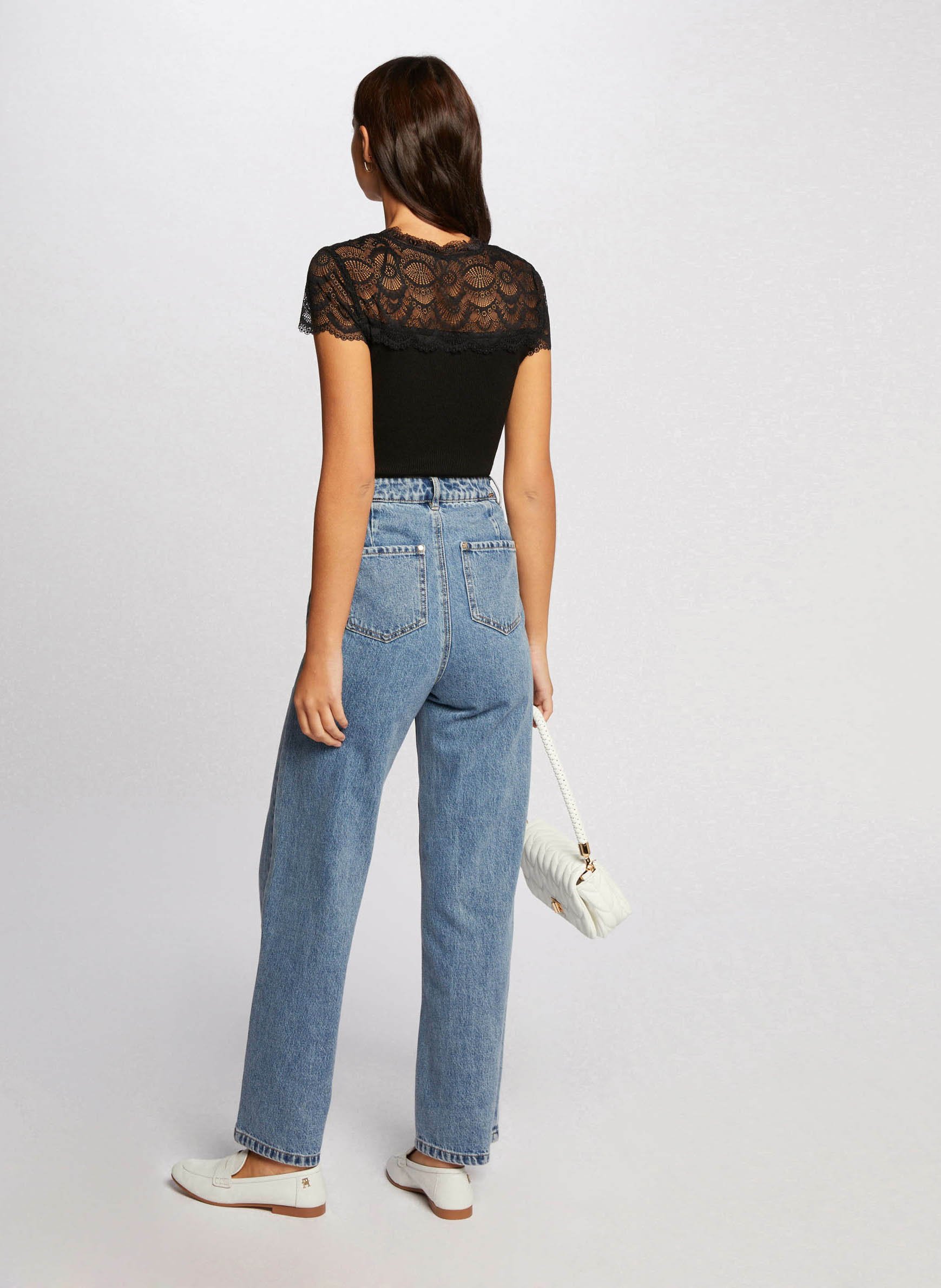 V-neck lace T-shirt MORGAN Black