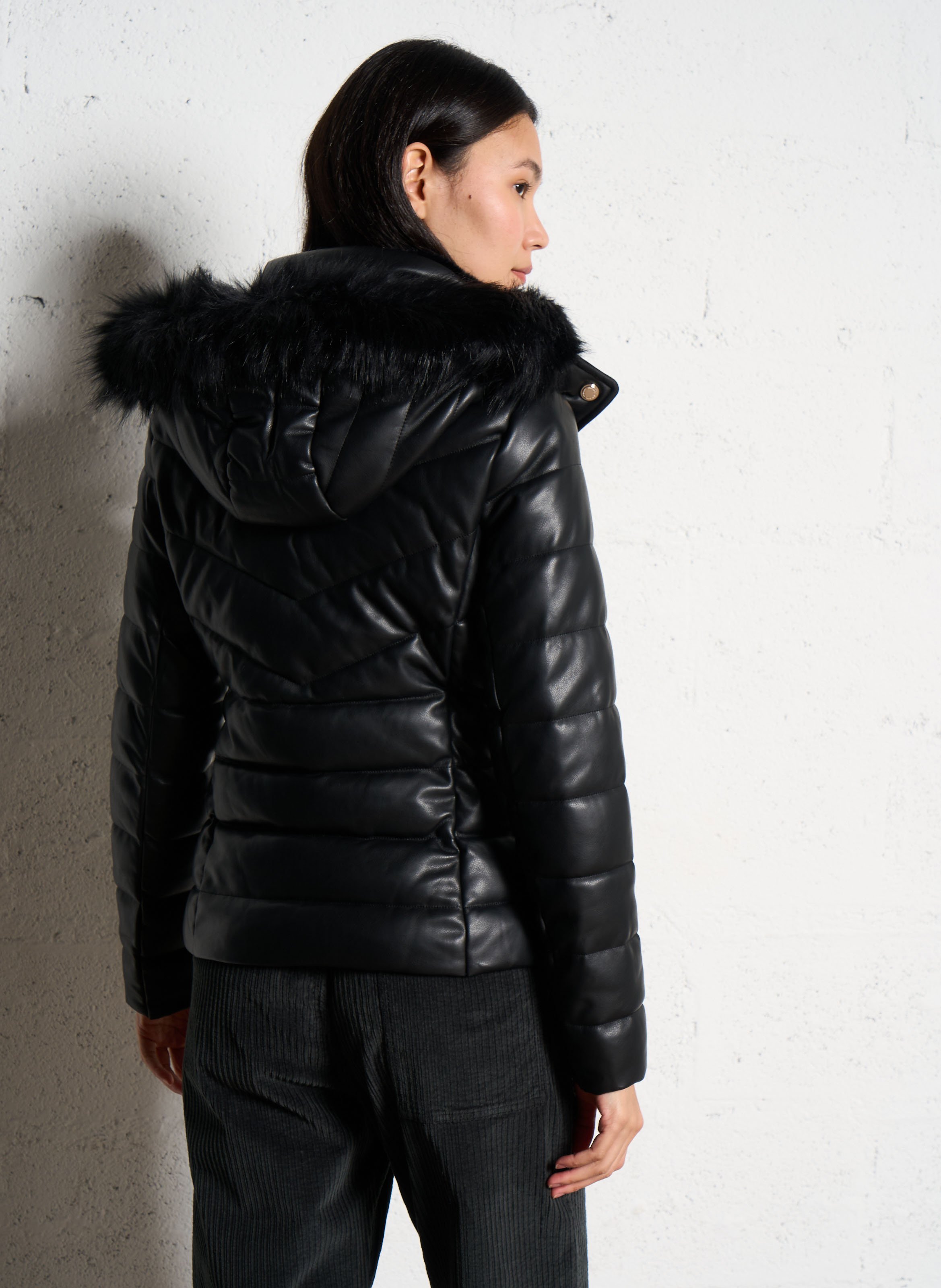 Faux leather hooded puffer jacket MORGAN Black