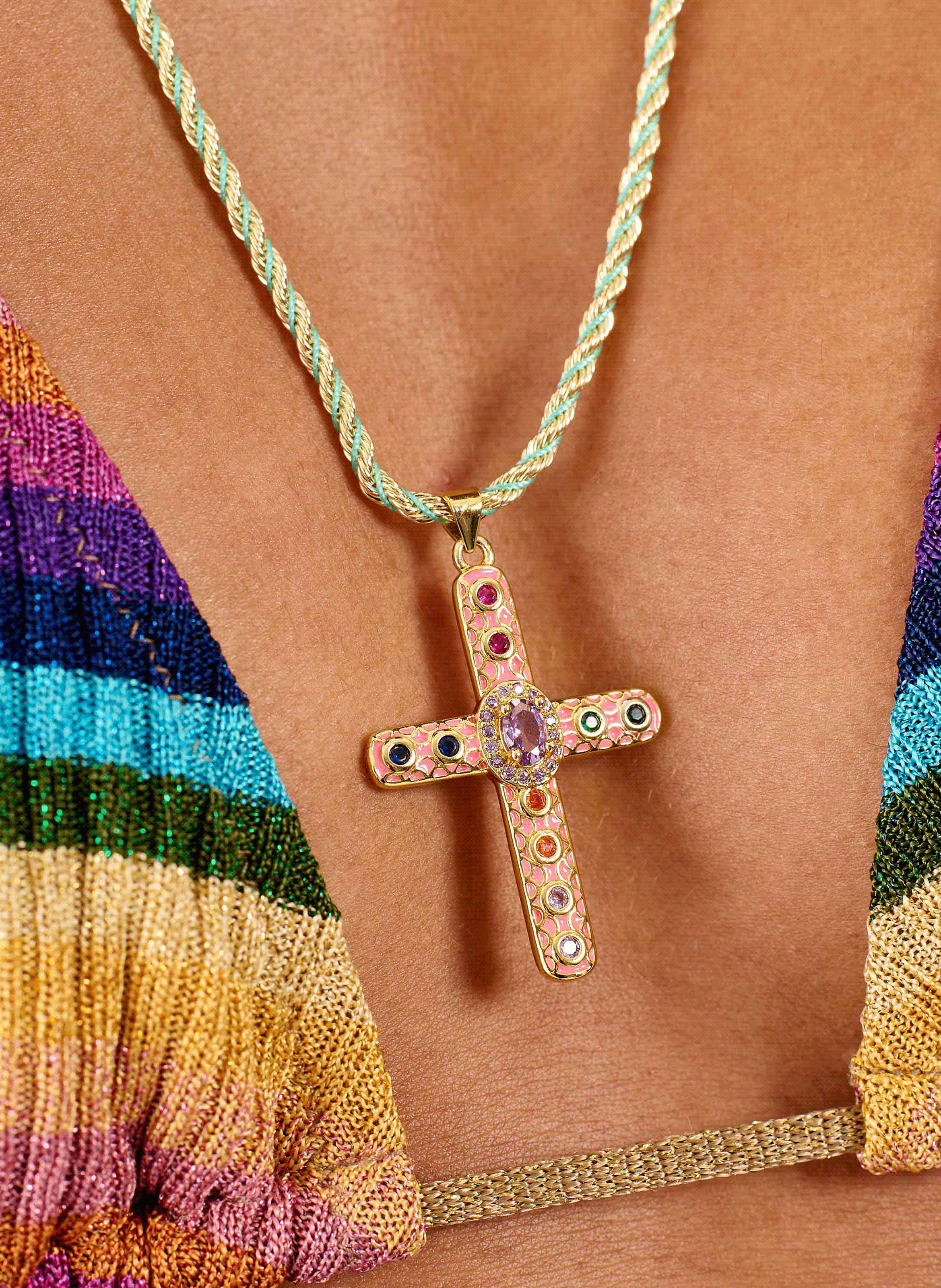 Chain necklace with colorful cord and pendant HIPANEMA Pink