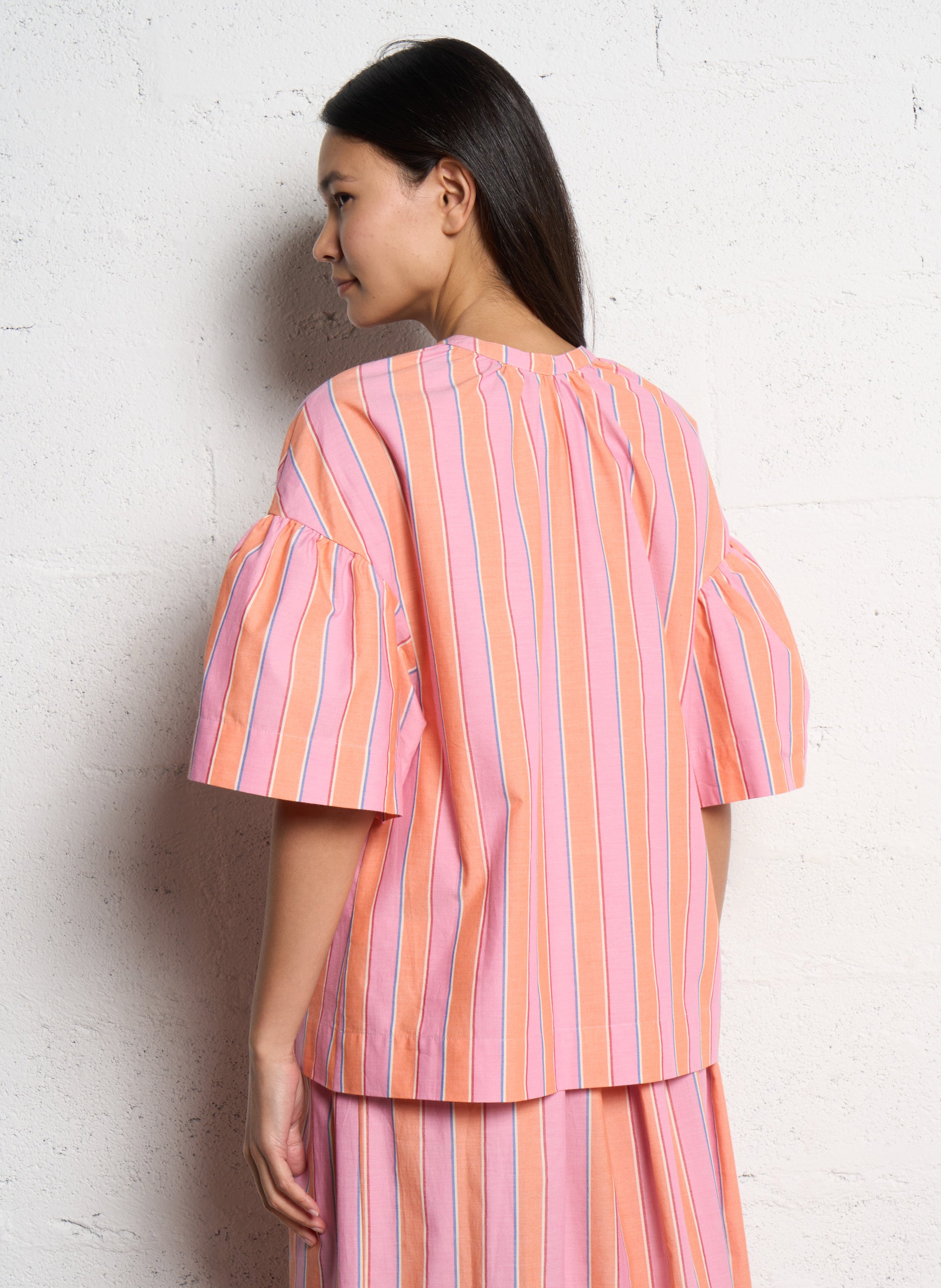 Henley-collar top in striped cotton TINSELS Orange