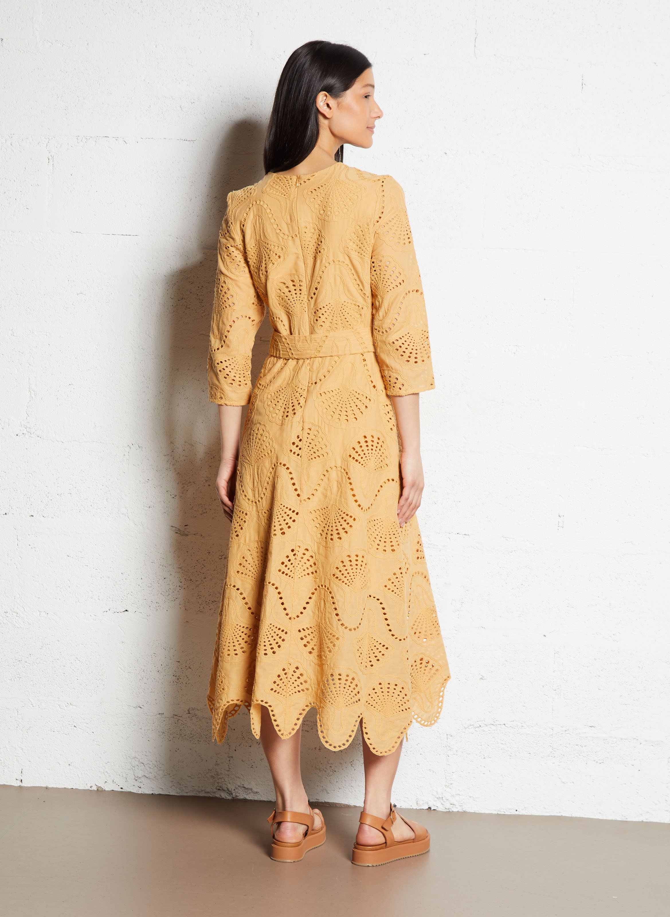 Robe midi col rond en coton mélangé Jaune