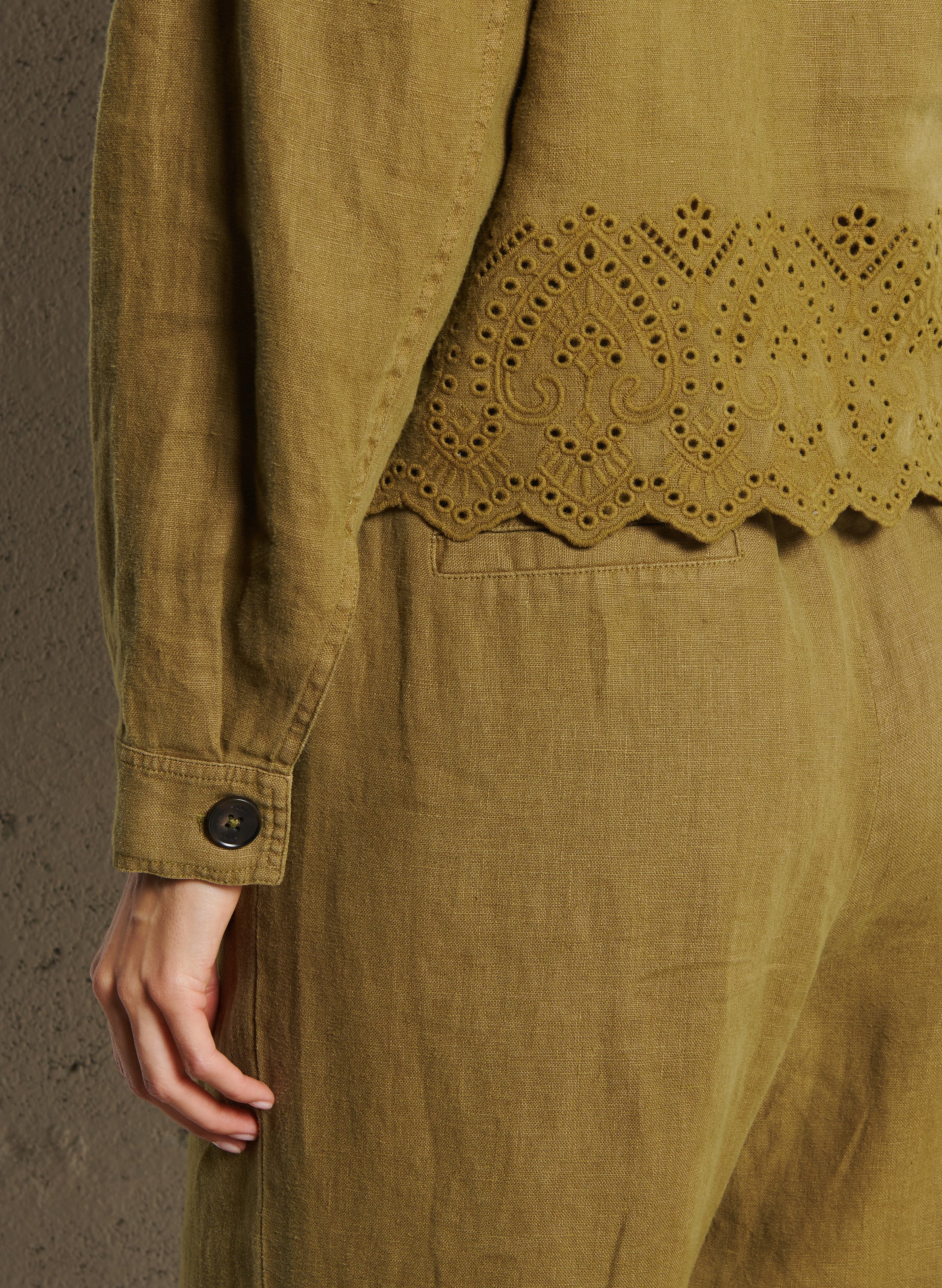 Straight linen shirt with embroidery IKKS Khaki