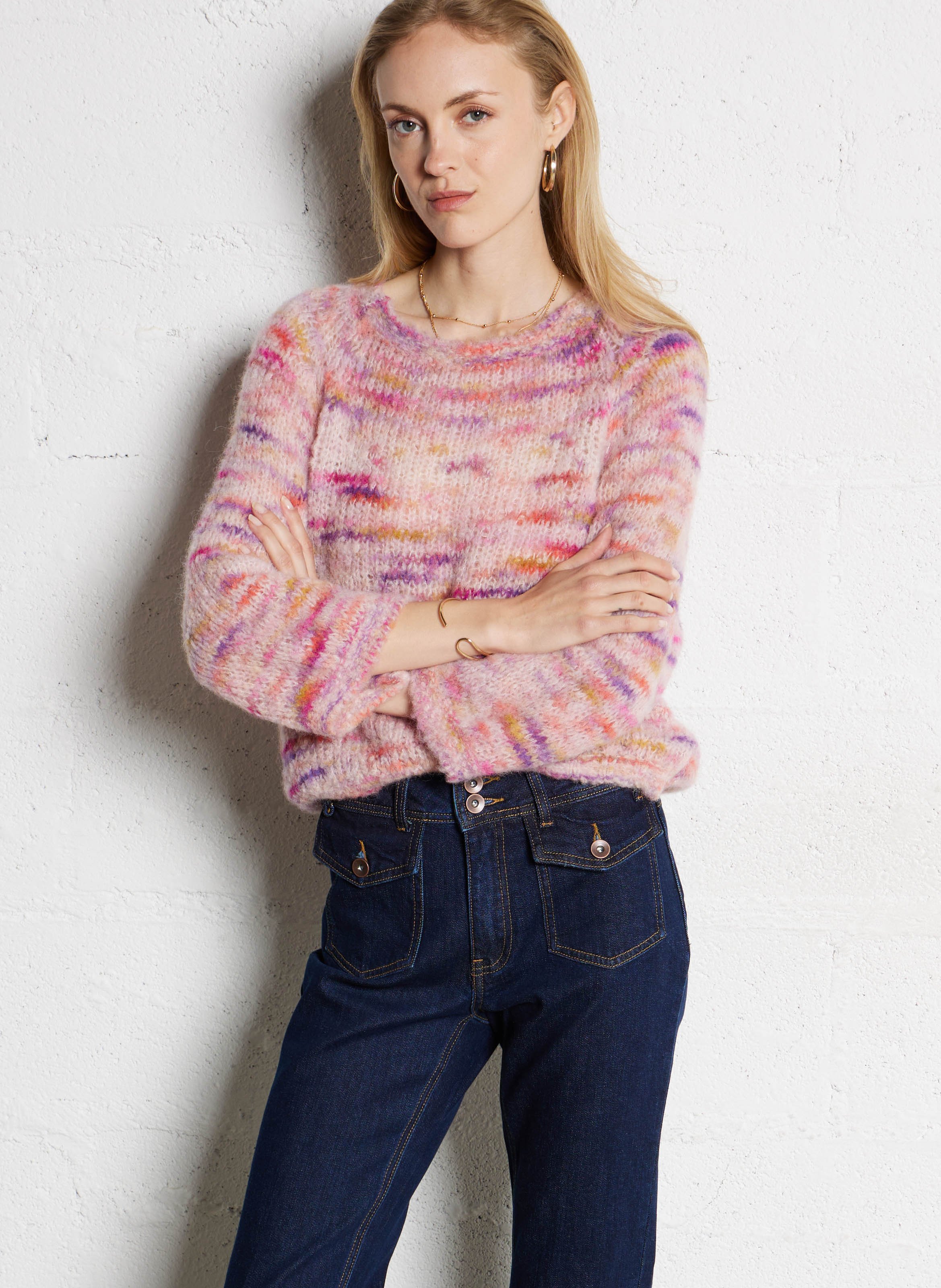 Pull droit col rond jacquard en alpaga mélangé SUNCOO Rose