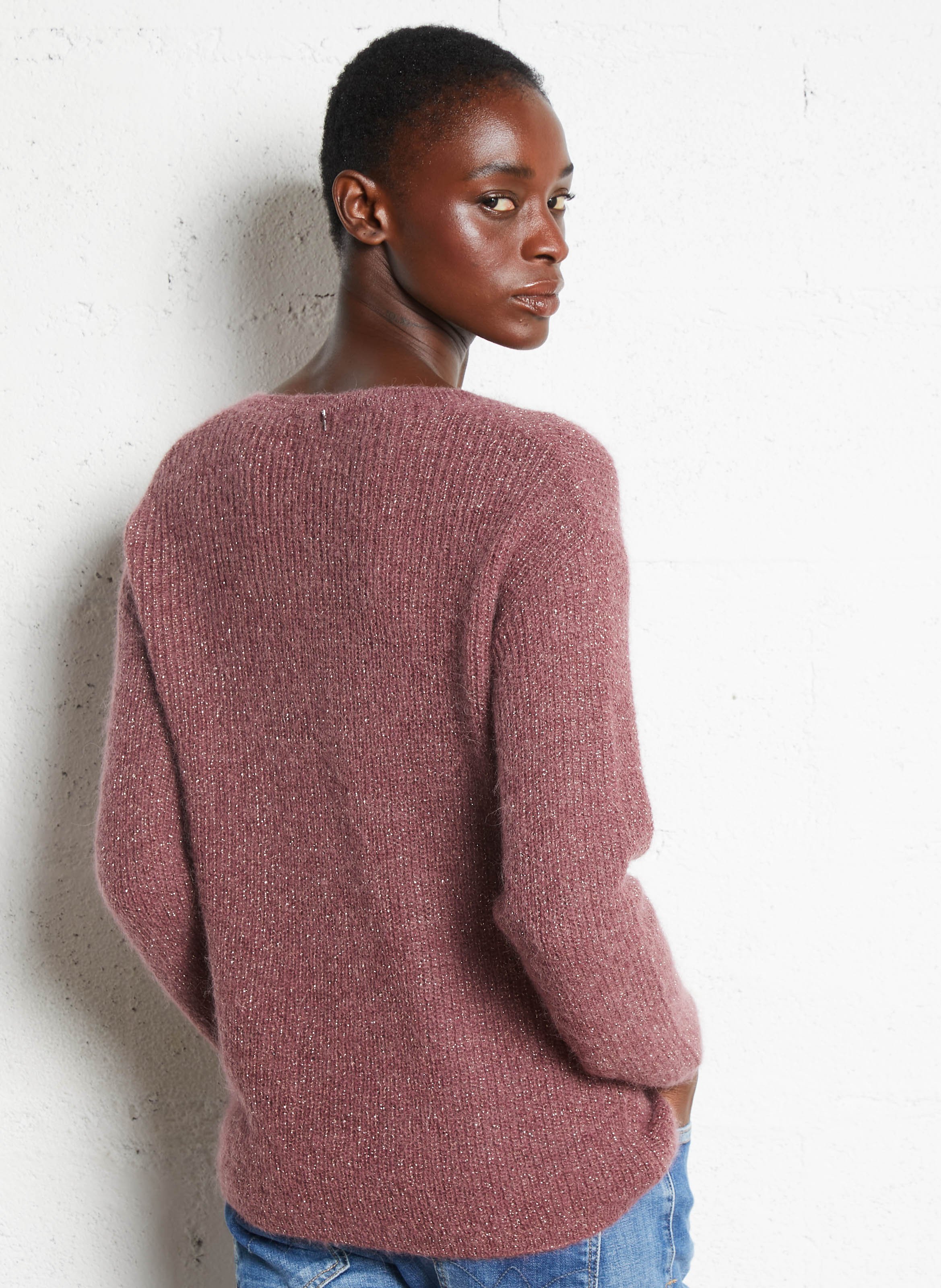 Straight V-neck metallic wool blend sweater SUD EXPRESS Red