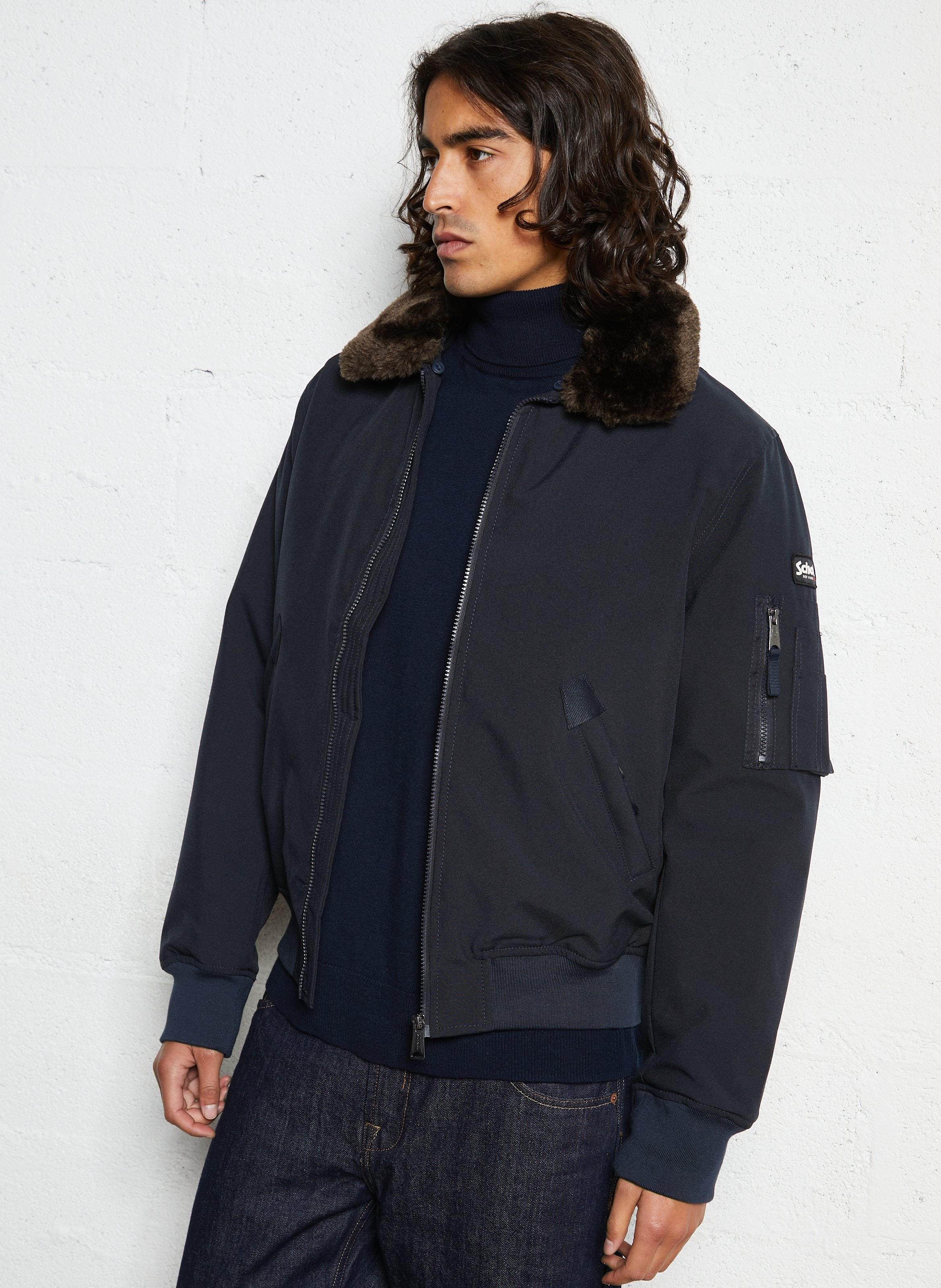 Blouson pilote ample uni à col fourrure SCHOTT Bleu