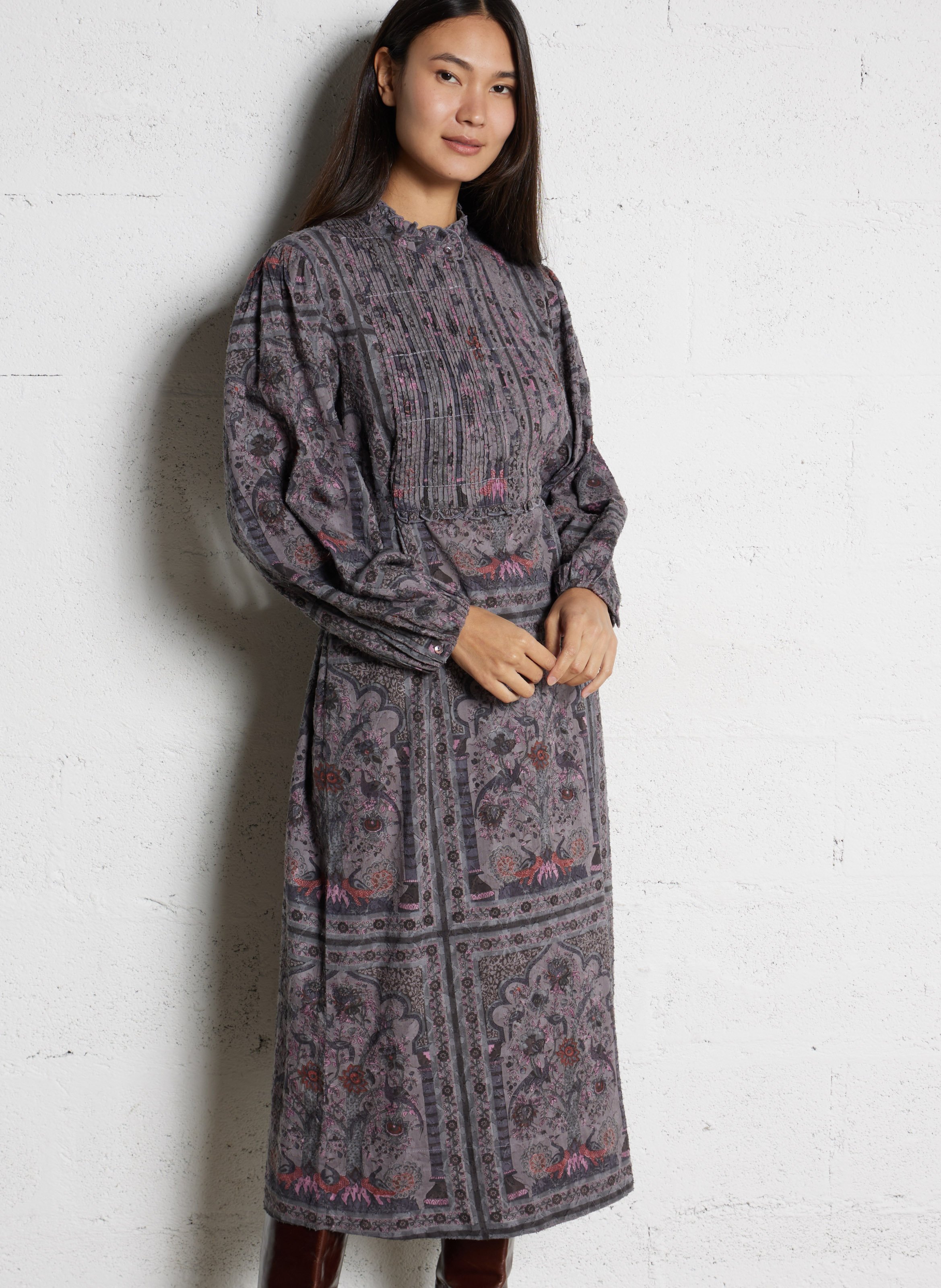 Langes Baumwollkleid mit Rundhalsausschnitt mit Print ANTIK BATIK Grau