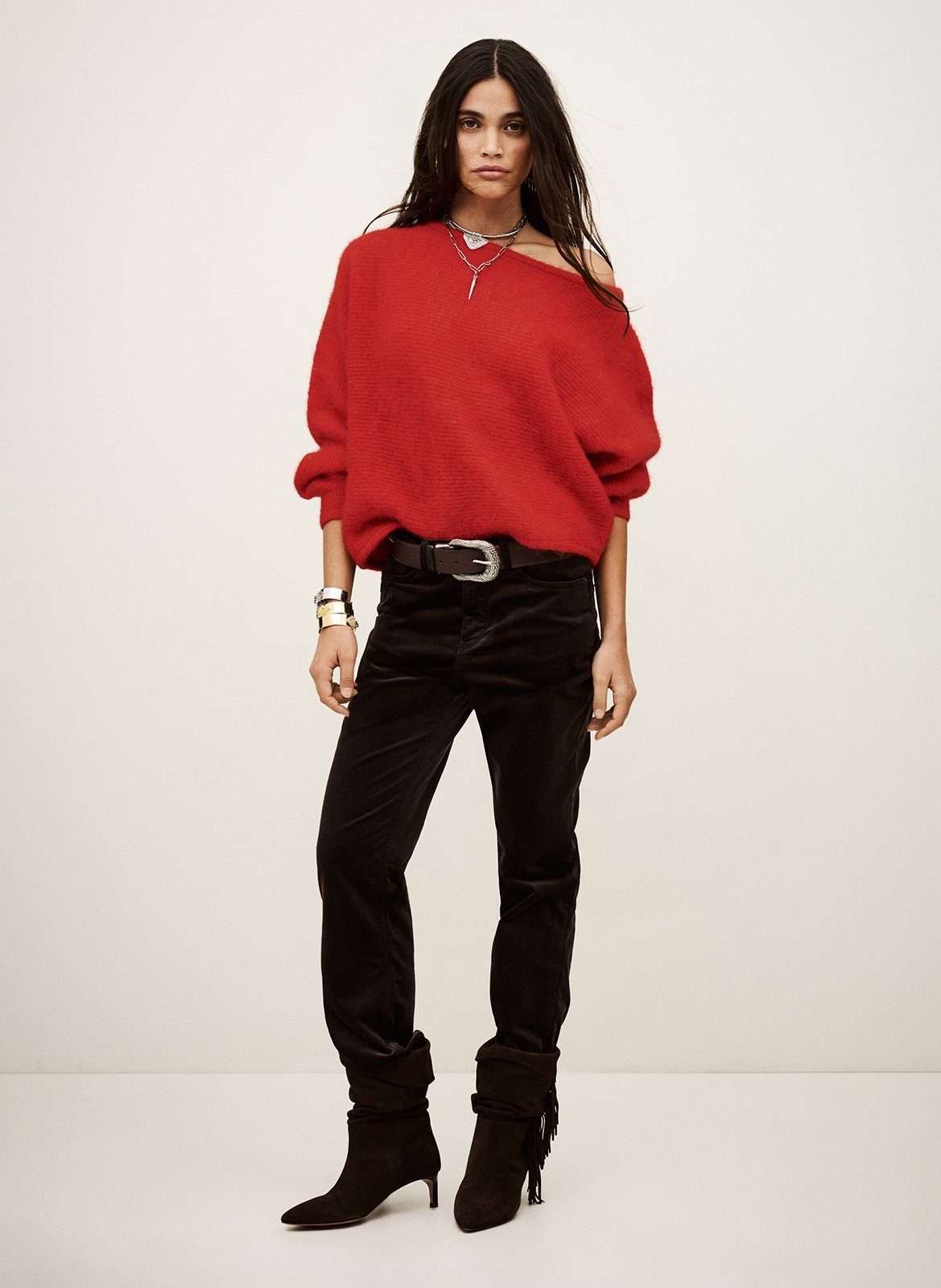 Asymmetrische trui met boothals - wolblend BA&SH Rood