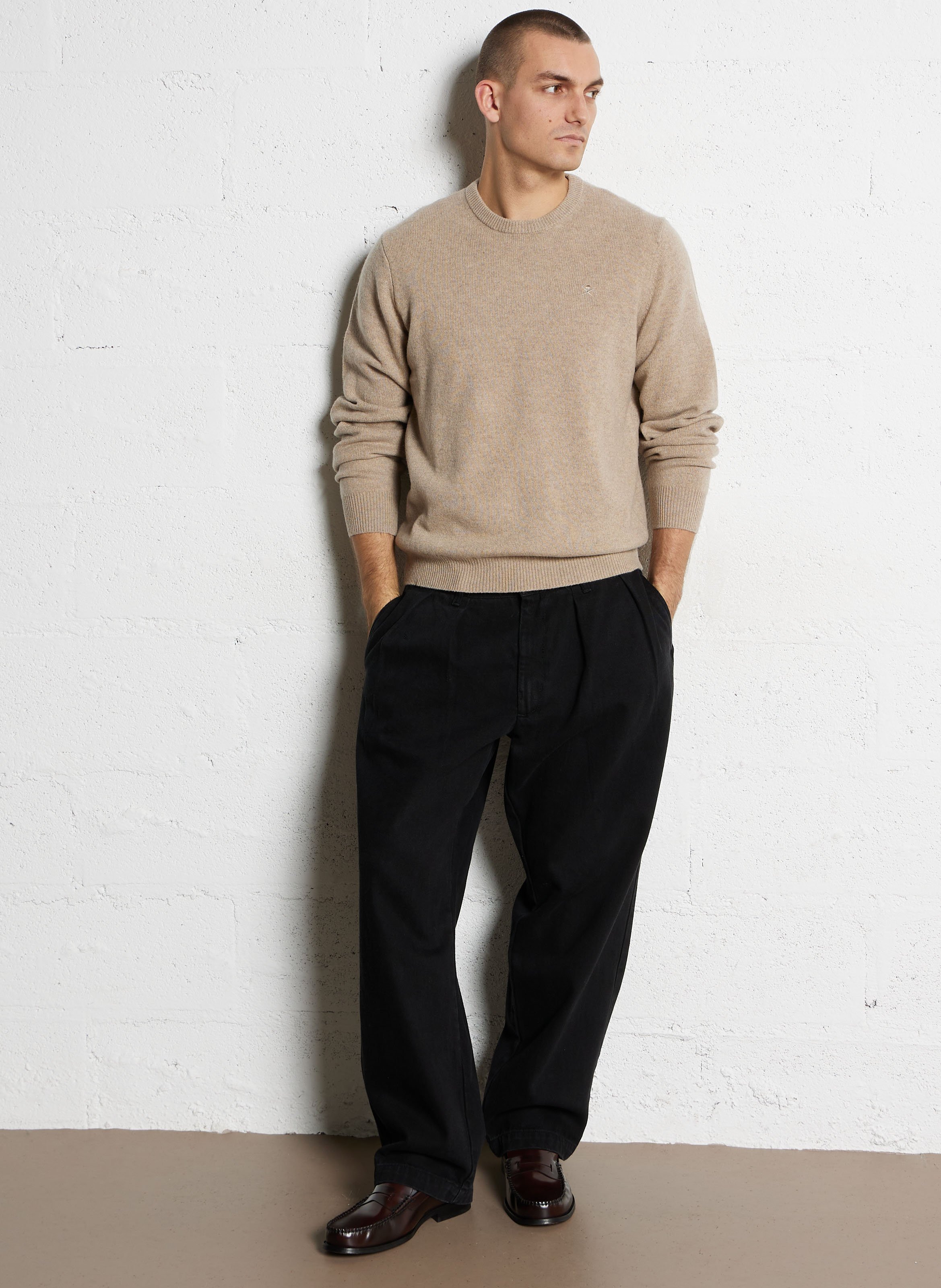 Pull col rond uni en laine HACKETT Marron