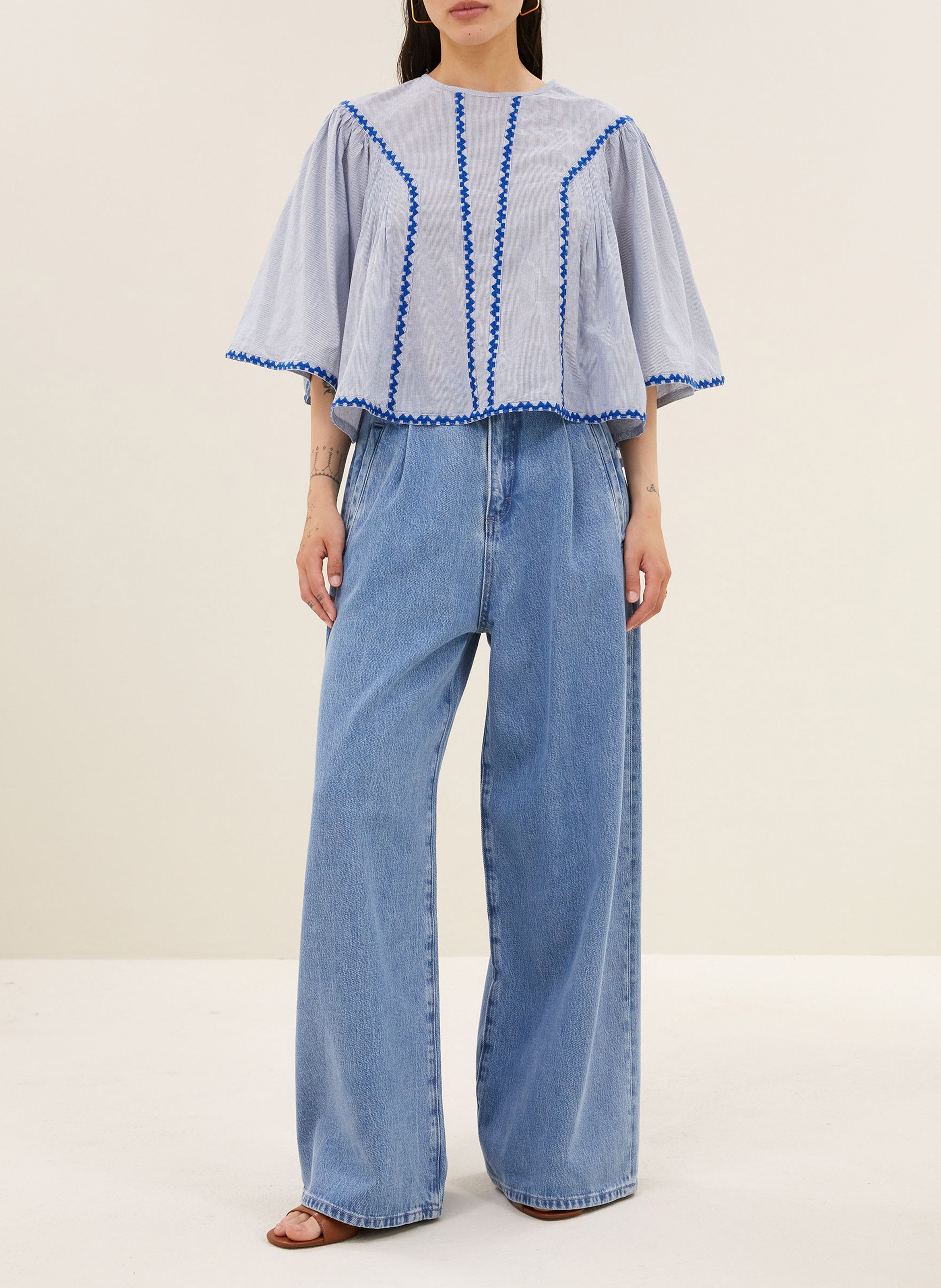 Top droit col rond en coton rayé BY BAR Bleu