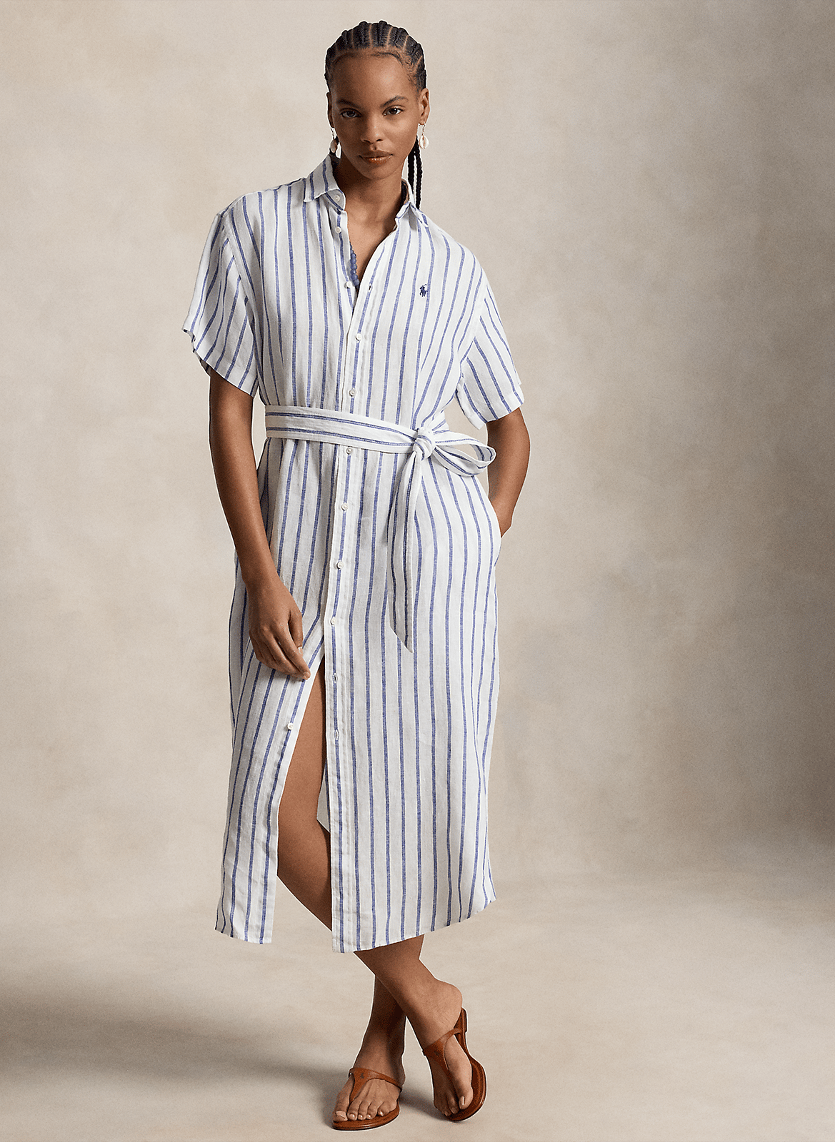 Midi-jurk met strepen en ceintuur van linnen POLO RALPH LAUREN Blauw