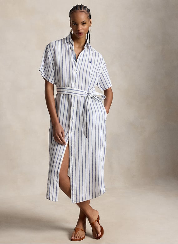 Midi striped linen belted dress Blue Polo ralph lauren - Women | Place des Tendances Midi striped linen belted dress Blue Polo ralph lauren - Women | Place des Tendances