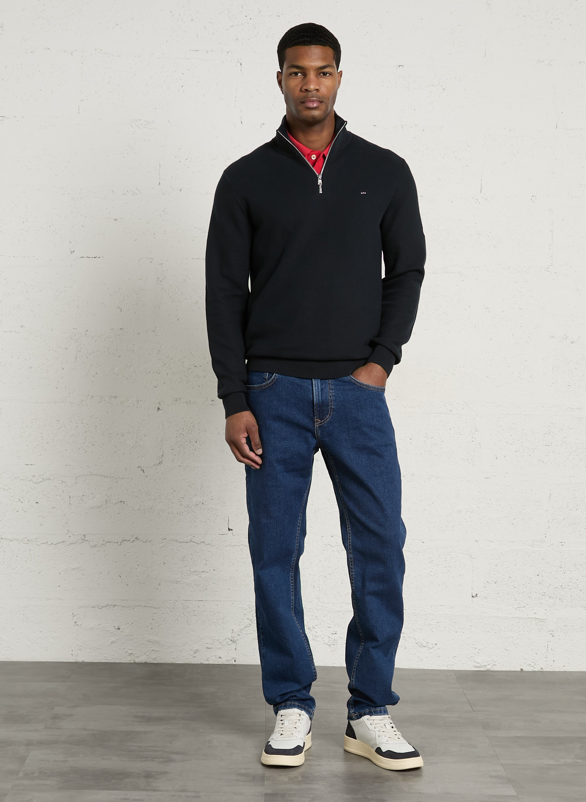 Pull droit col camionneur brodé en coton EDEN PARK Bleu