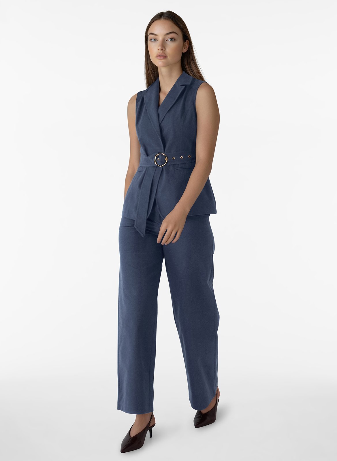 Pantalon large taille haute uni VILA Bleu