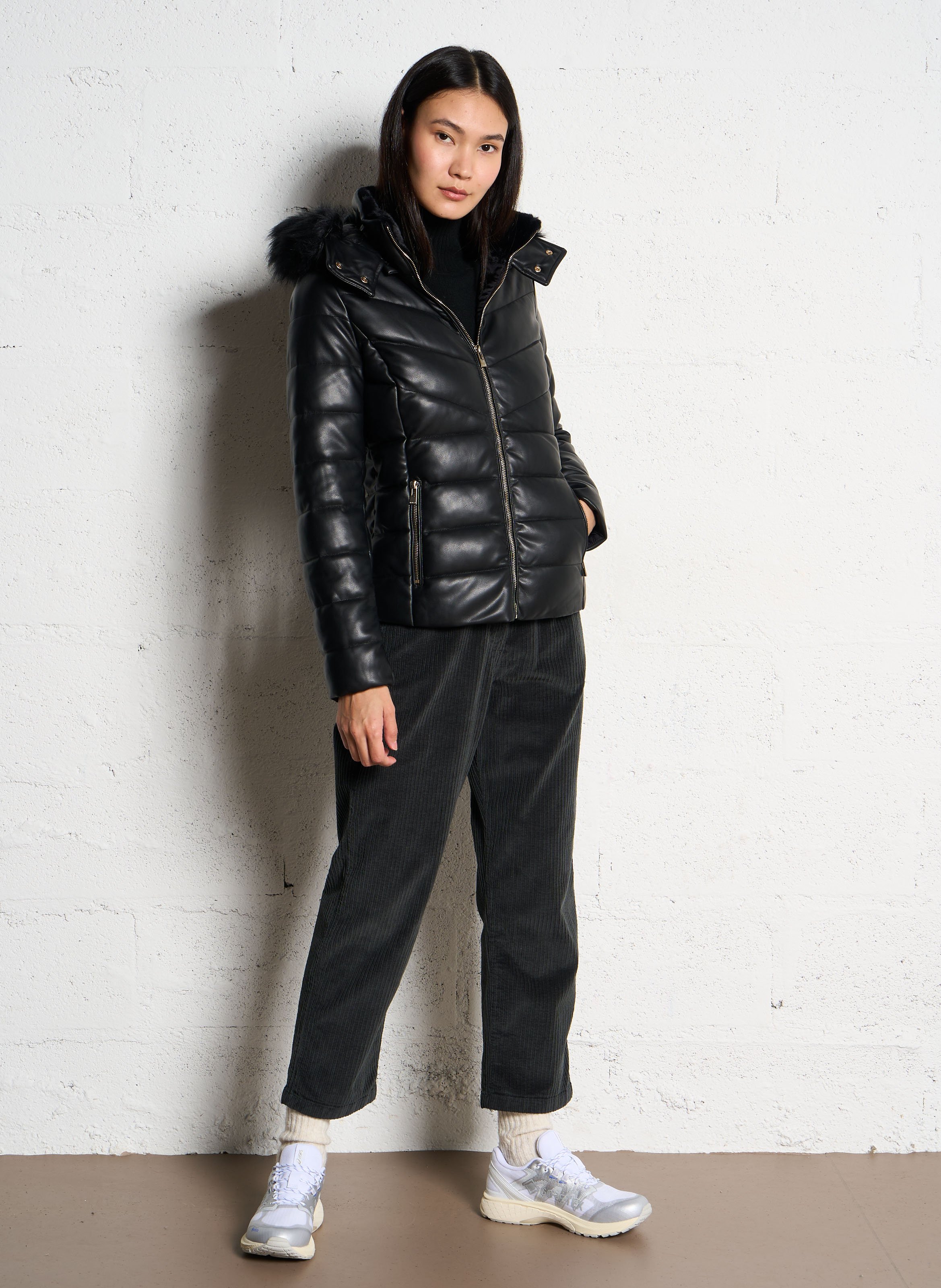 Faux leather hooded puffer jacket MORGAN Black