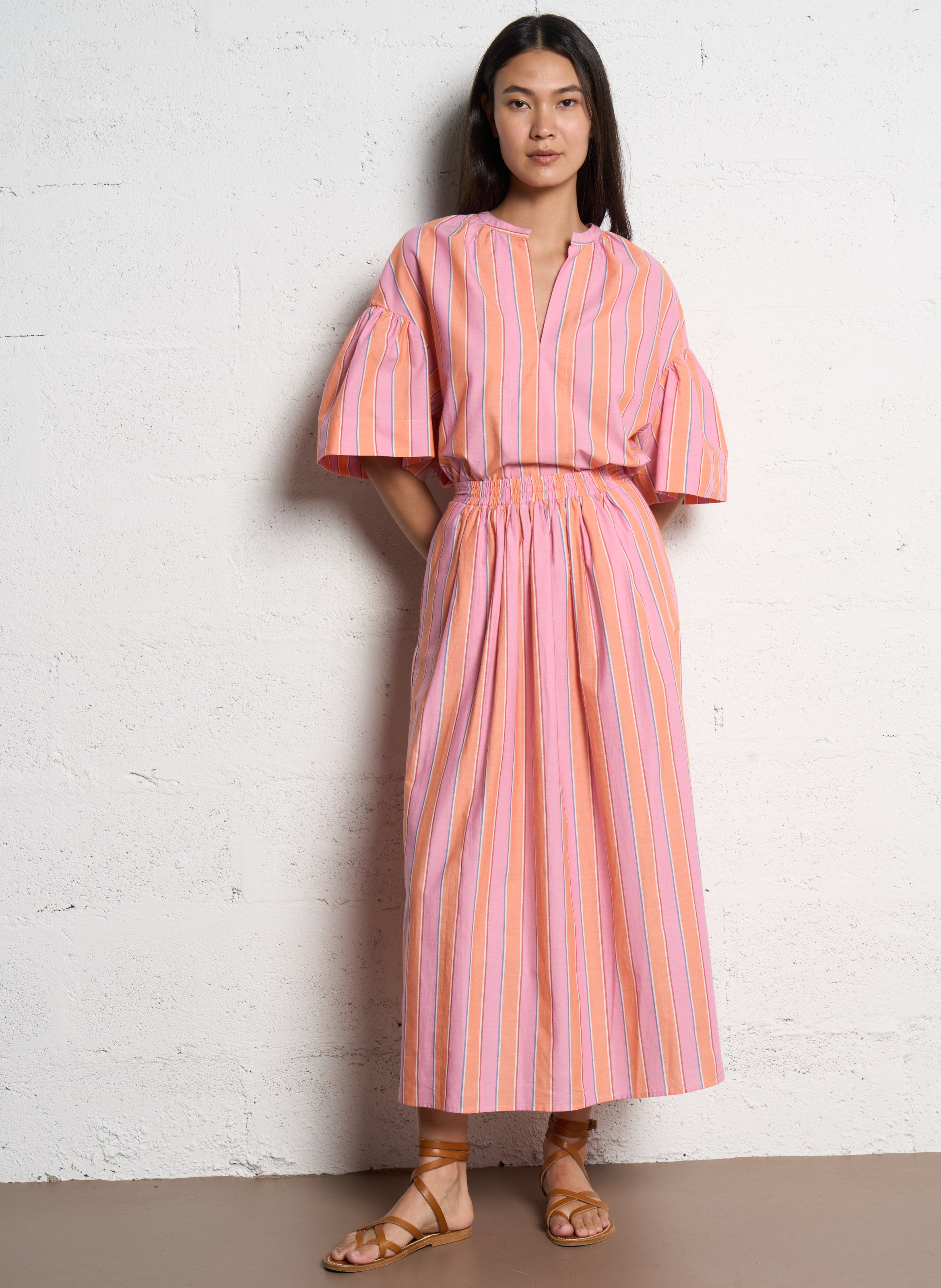 Henley-collar top in striped cotton TINSELS Orange