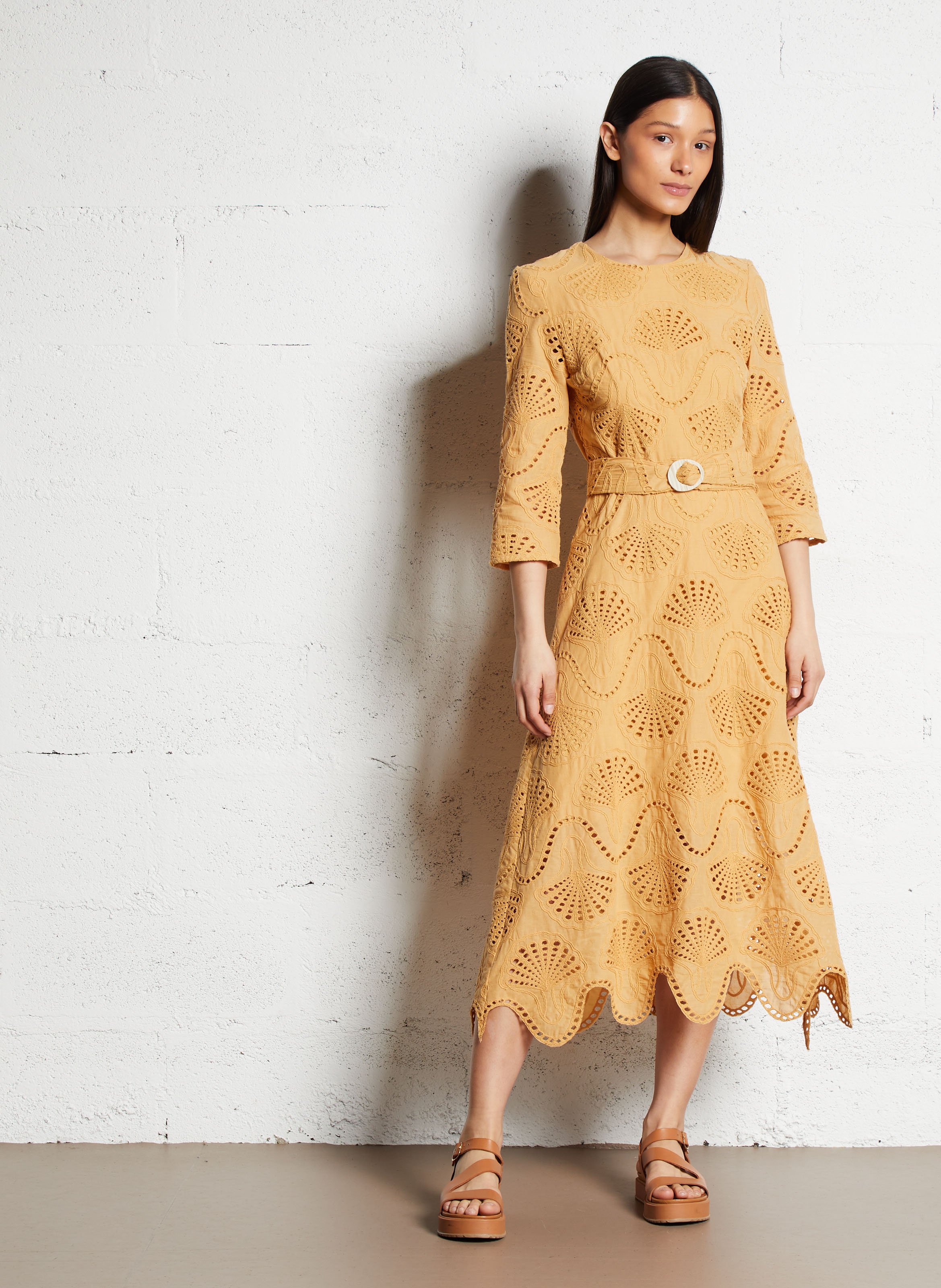 Robe midi col rond en coton mélangé Jaune