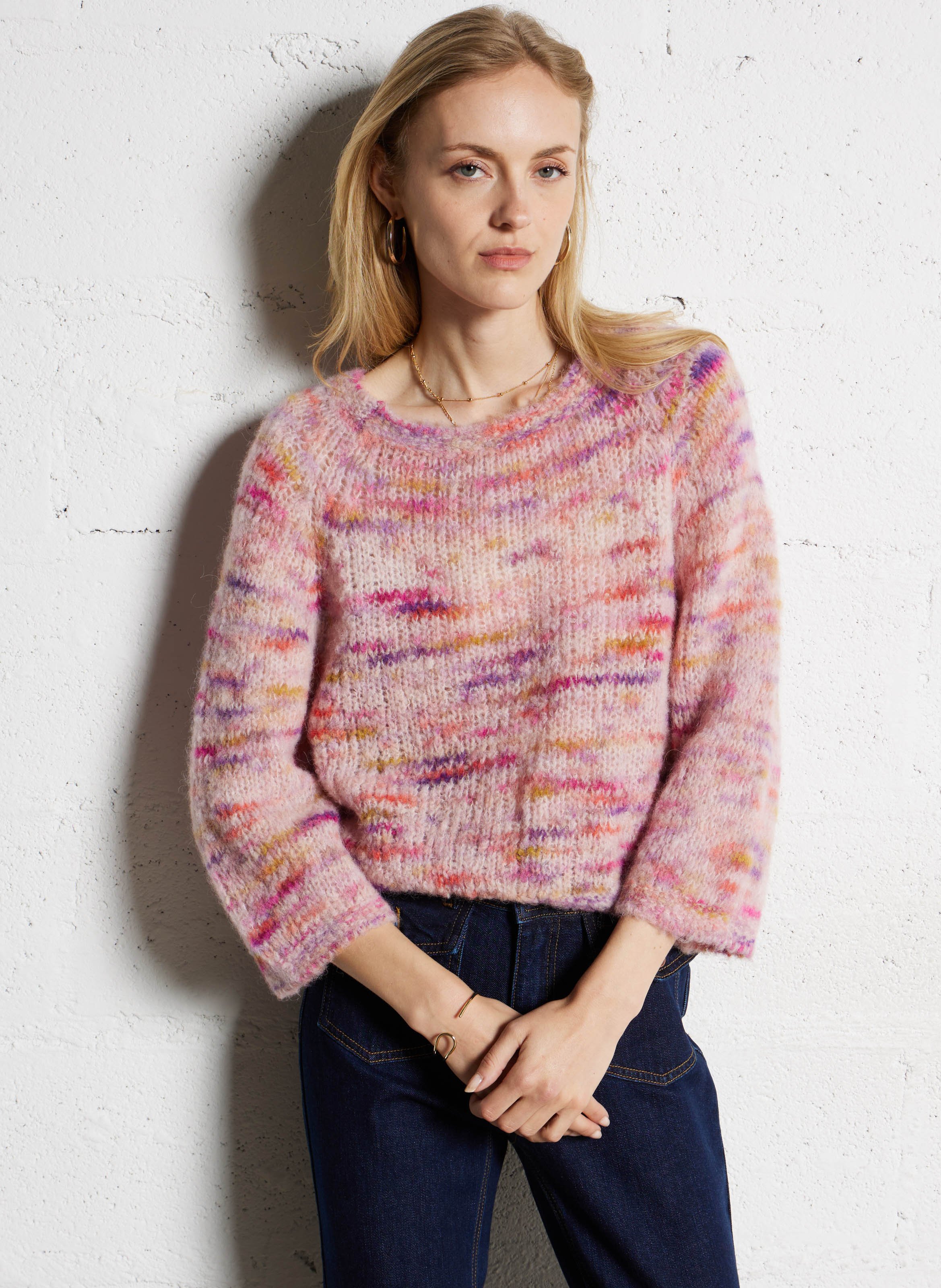 Pull droit col rond jacquard en alpaga mélangé SUNCOO Rose