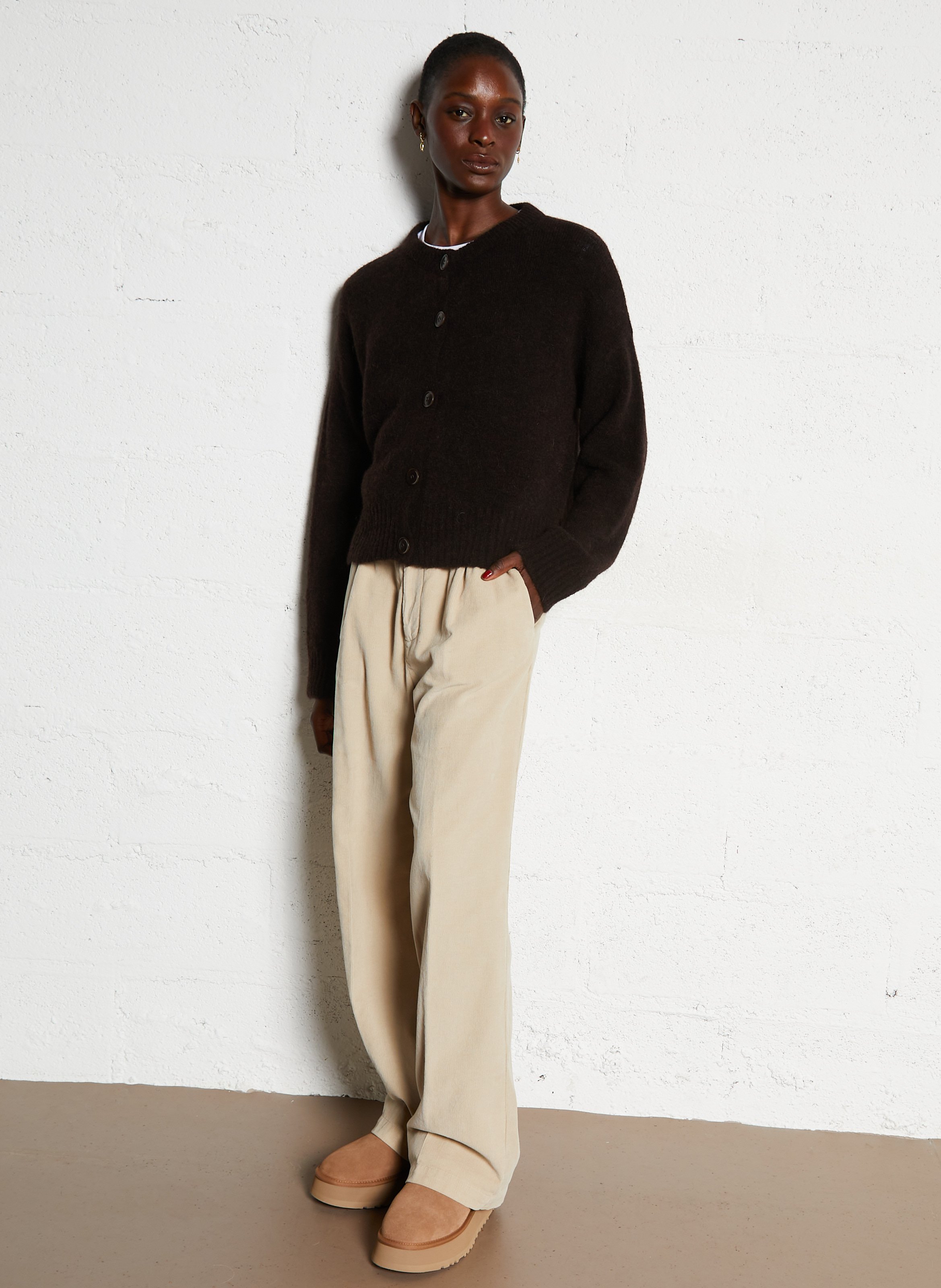 Loose-fit mixed-knit cardigan with round neck MAISON ANJE Beige