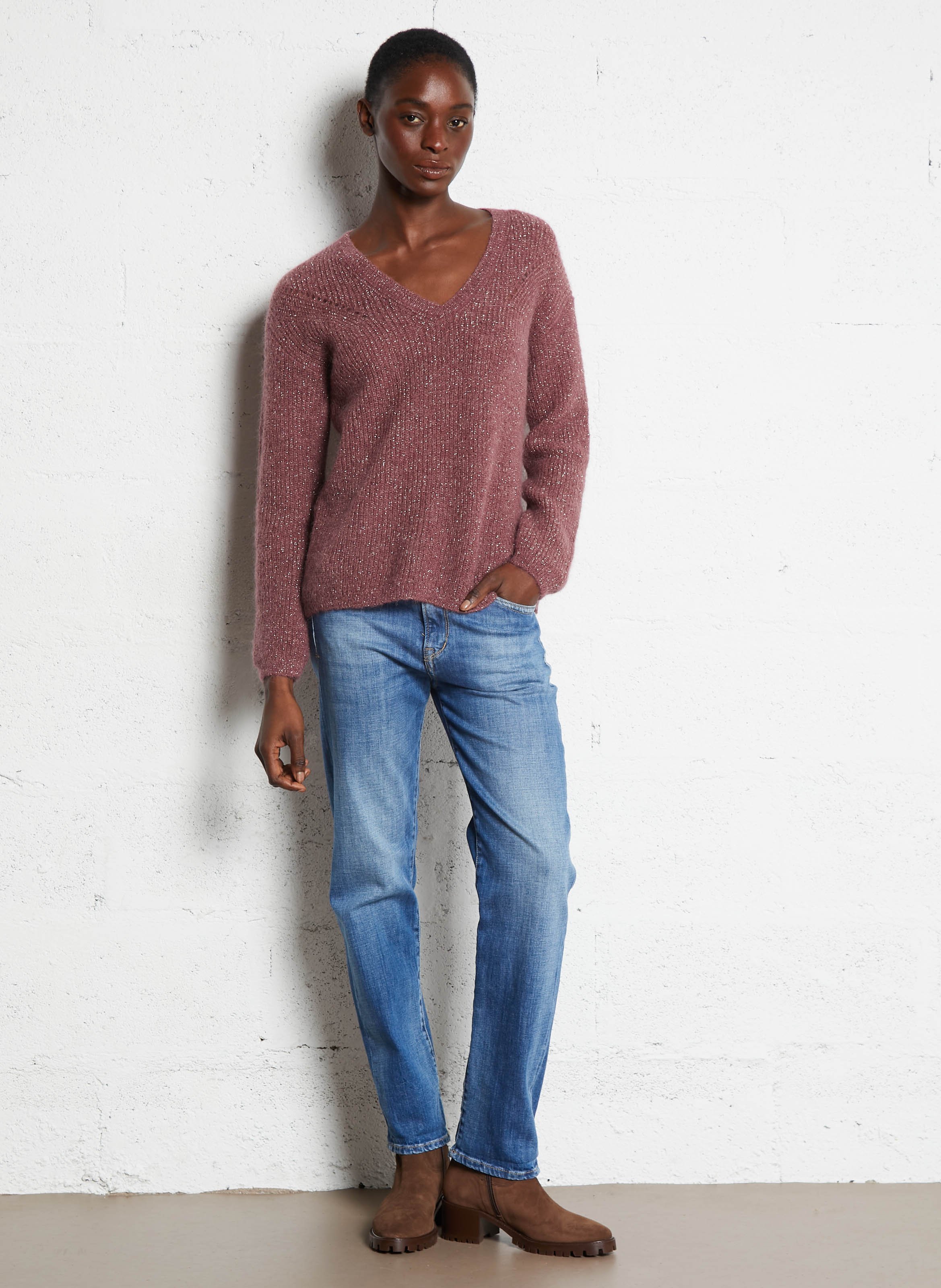 Straight V-neck metallic wool blend sweater SUD EXPRESS Red