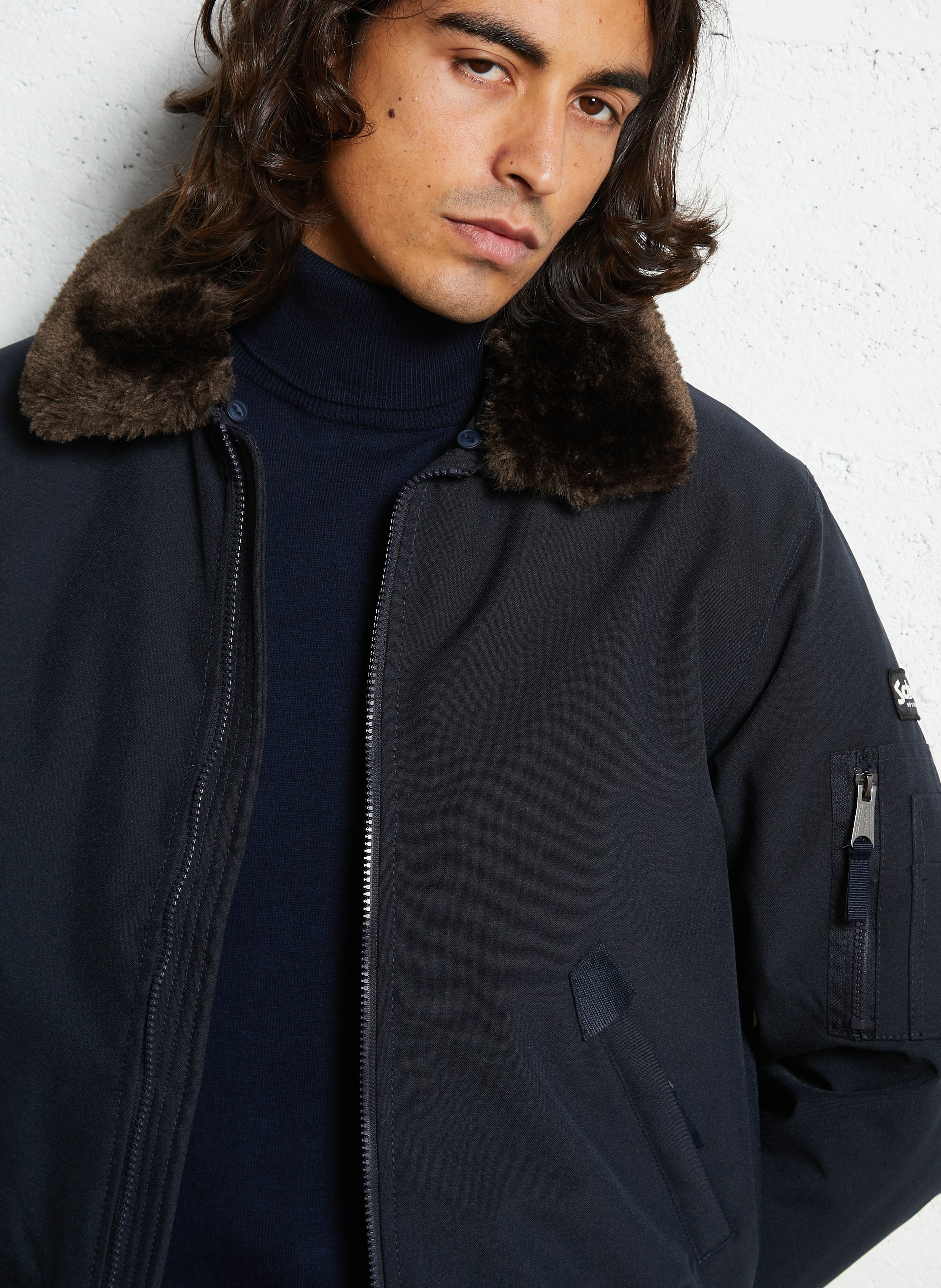 Blouson pilote ample uni à col fourrure SCHOTT Bleu