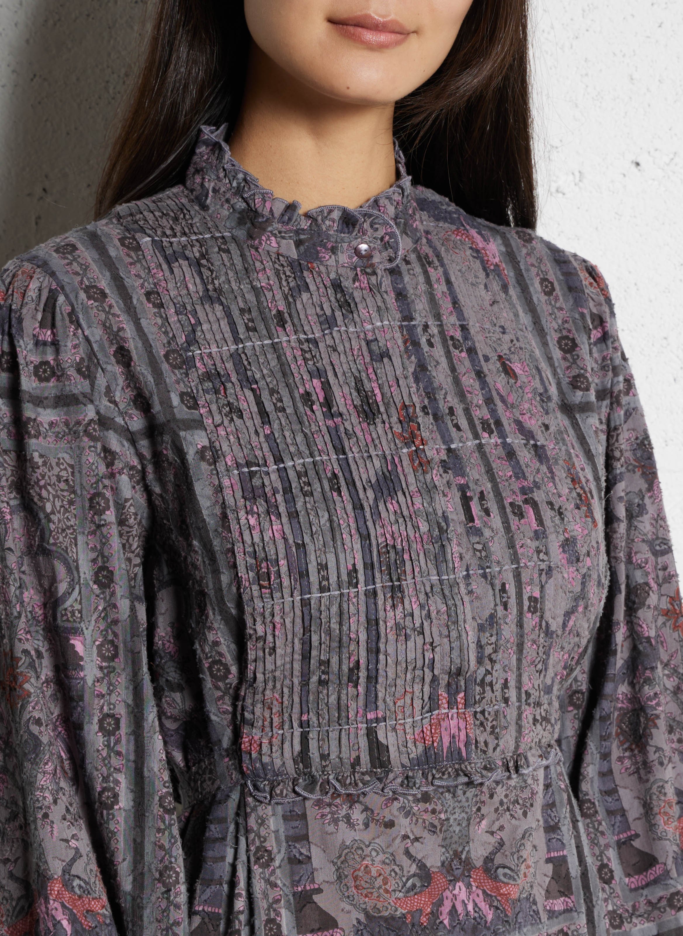 Langes Baumwollkleid mit Rundhalsausschnitt mit Print ANTIK BATIK Grau