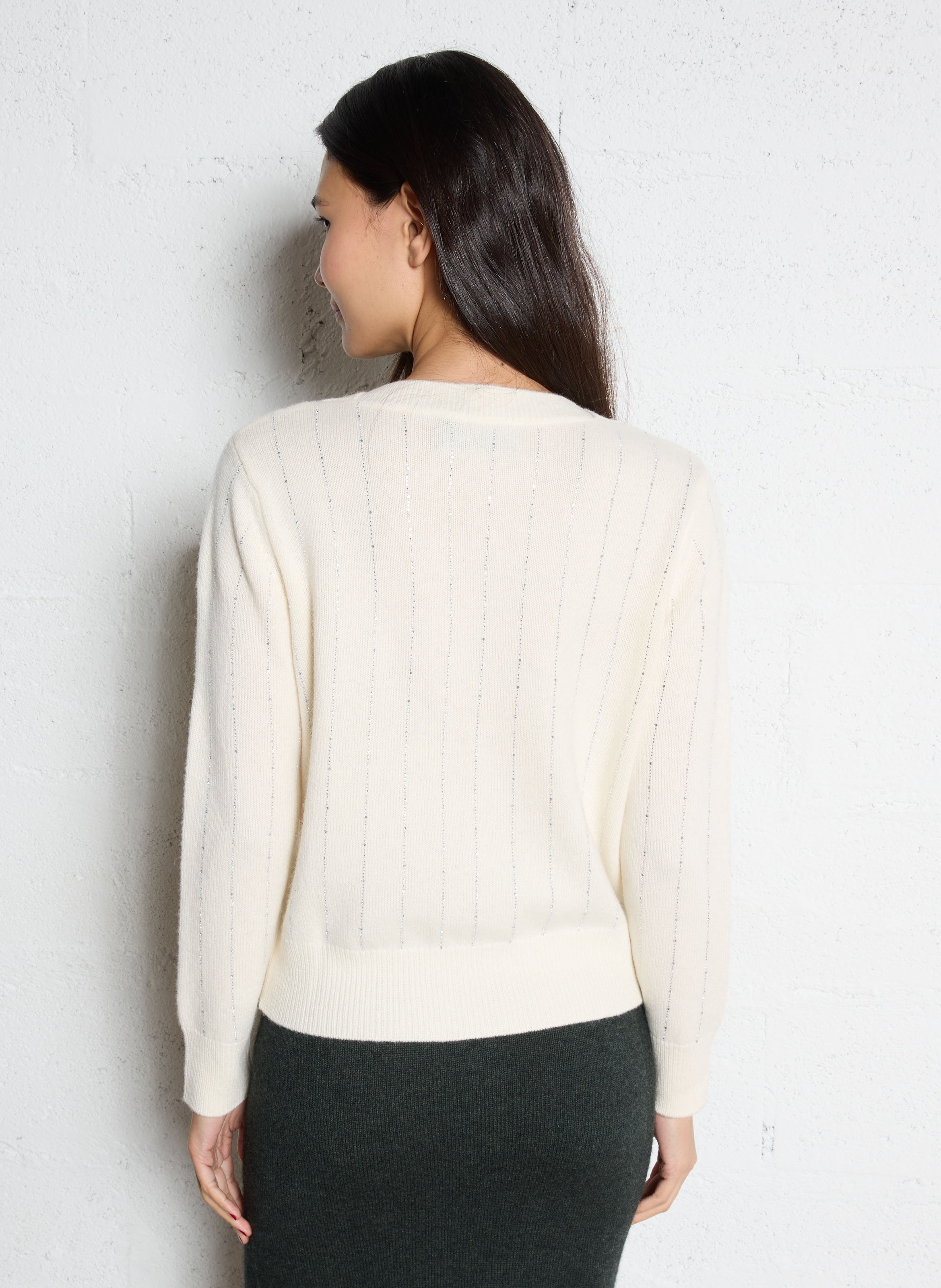 Pull ample col rond à strass en laine mérinos et cachemire BERENICE Beige