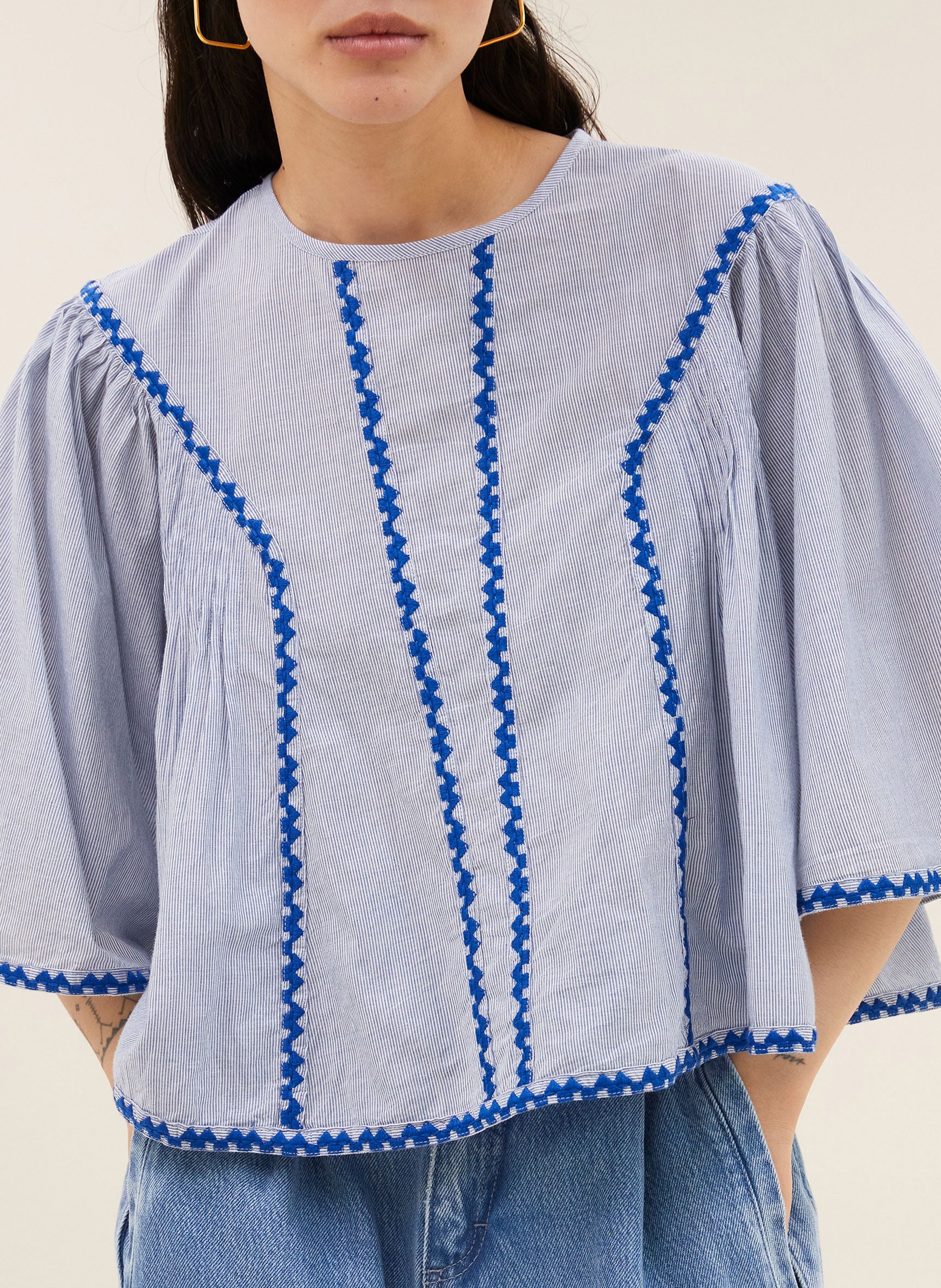 Top droit col rond en coton rayé BY BAR Bleu