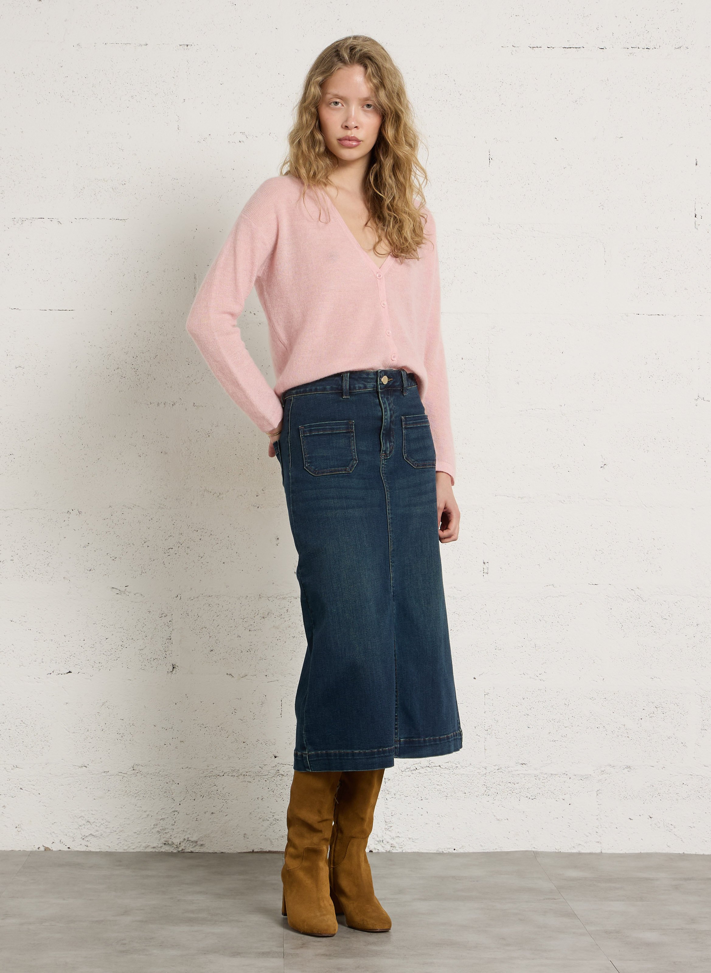 Jupe midi droite en denim de coton mélangé MAISON 123 Bleu