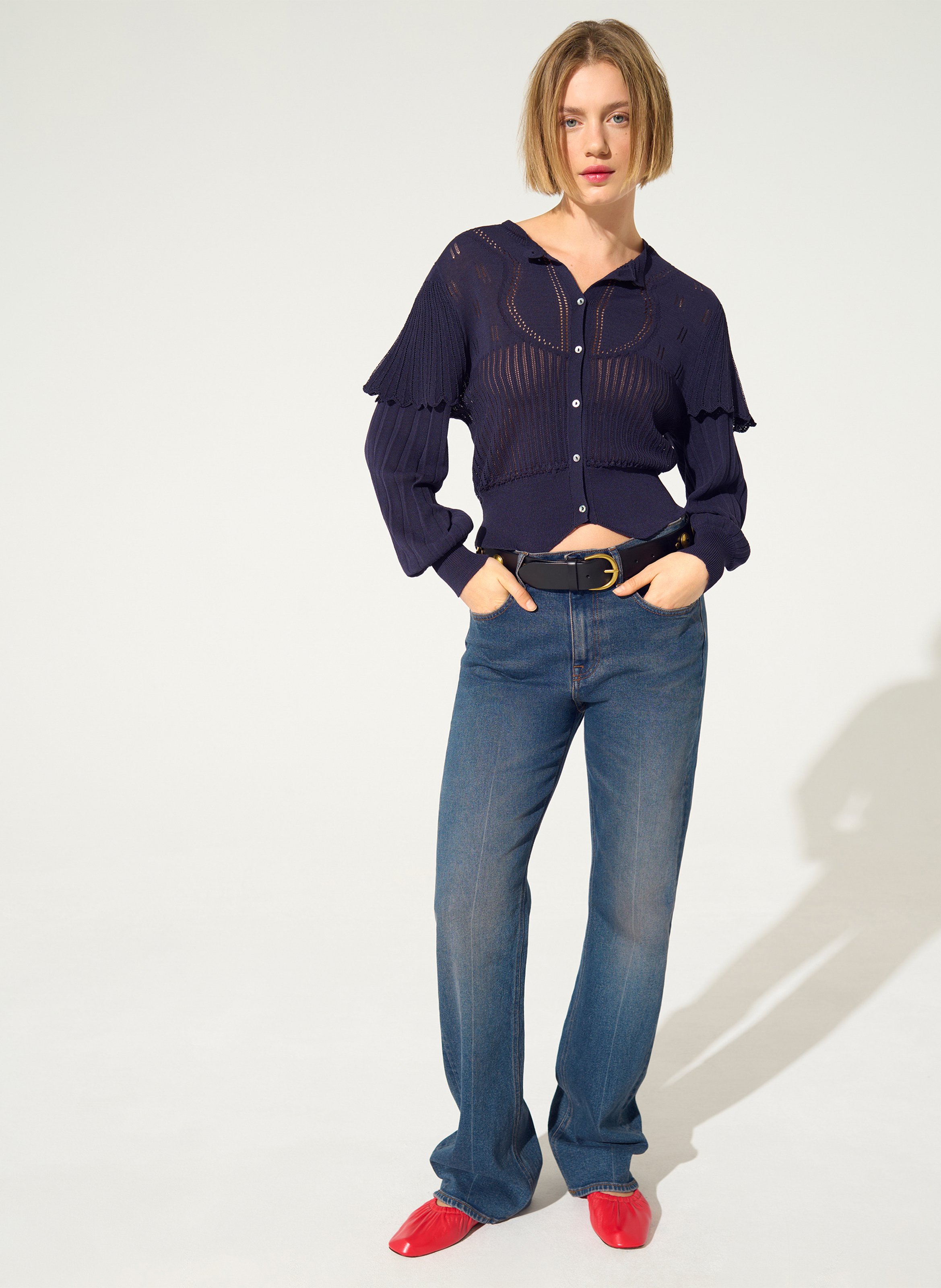 Gerade geschnittener Cardigan mit Rundhalskragen Baumwoll-Mix COTELAC Violett