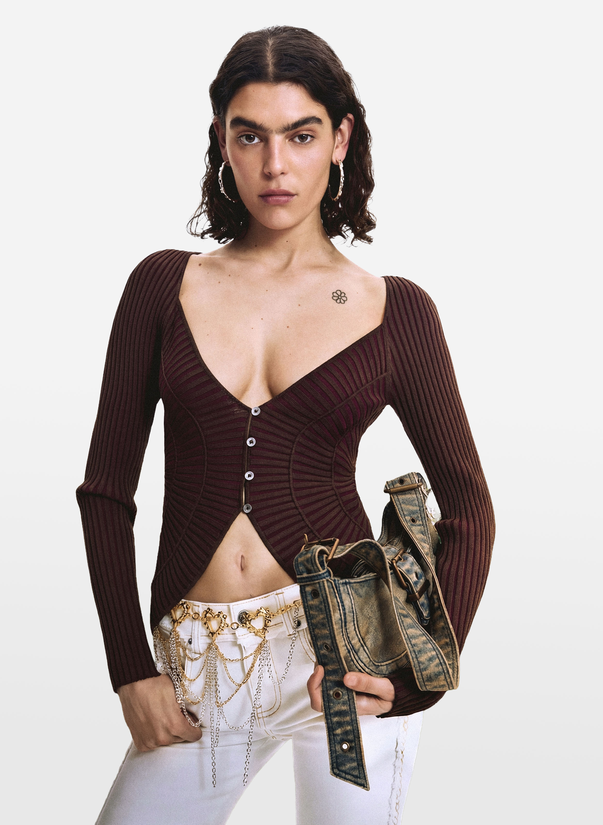 Pull fin à boutons en maille côtelée DESIGUAL Marron