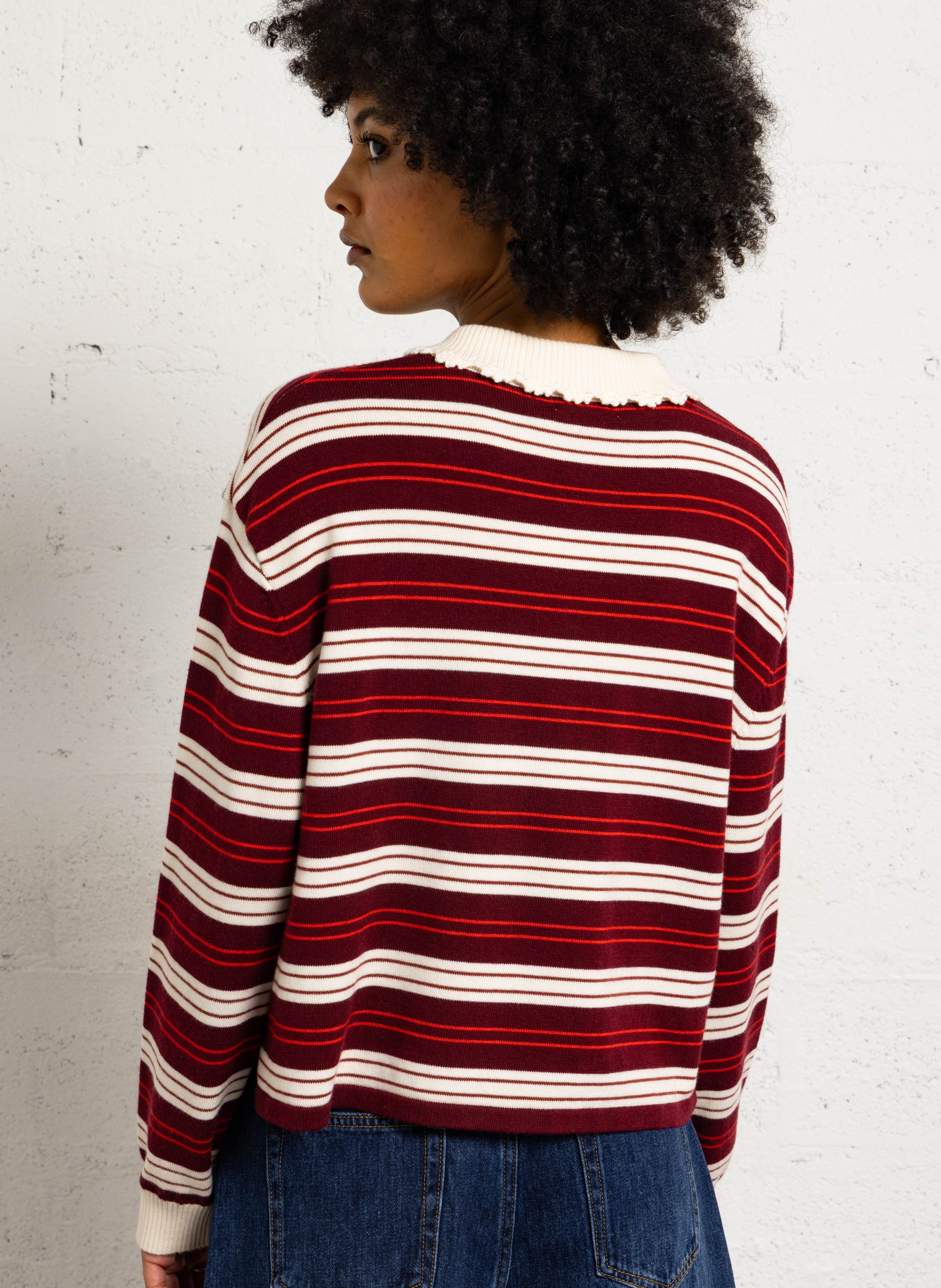 Oversized classic collar striped knit sweater SUNCOO Red