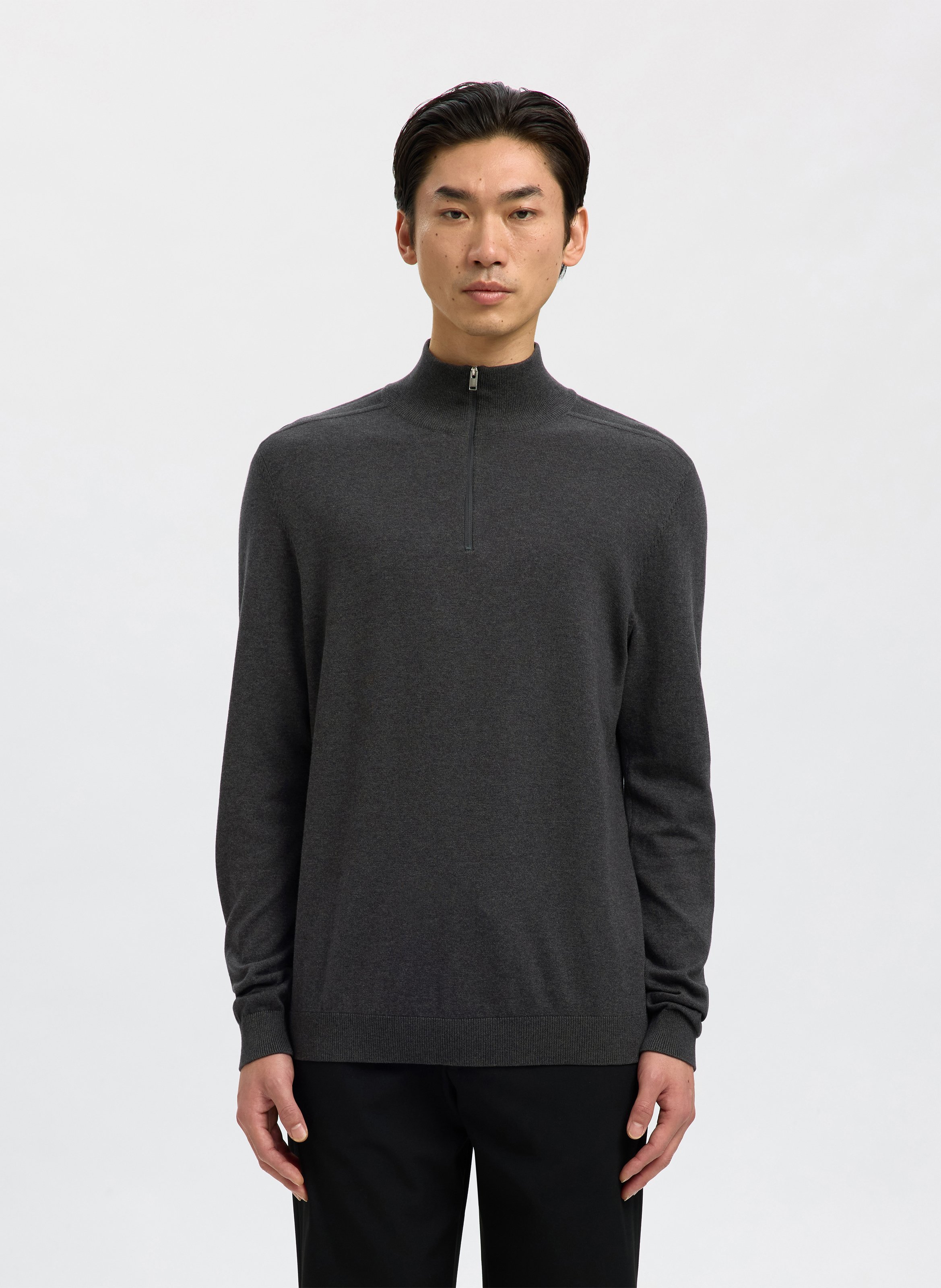Baumwollpullover mit Stehkragen und Reißverschluss, Regular Fit SELECTED Grau