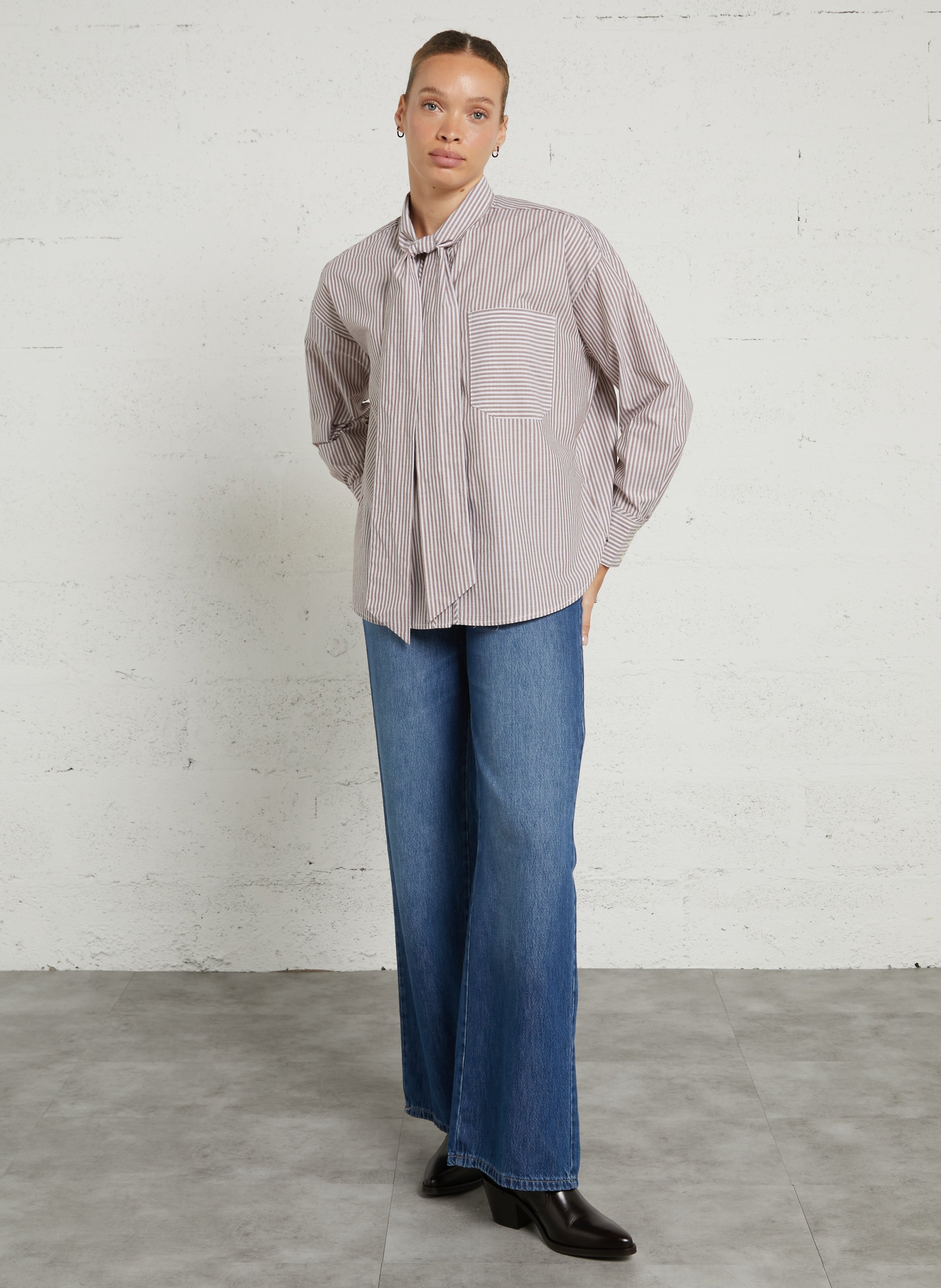 Striped cotton blouse with bow tie JC SOPHIE Brown