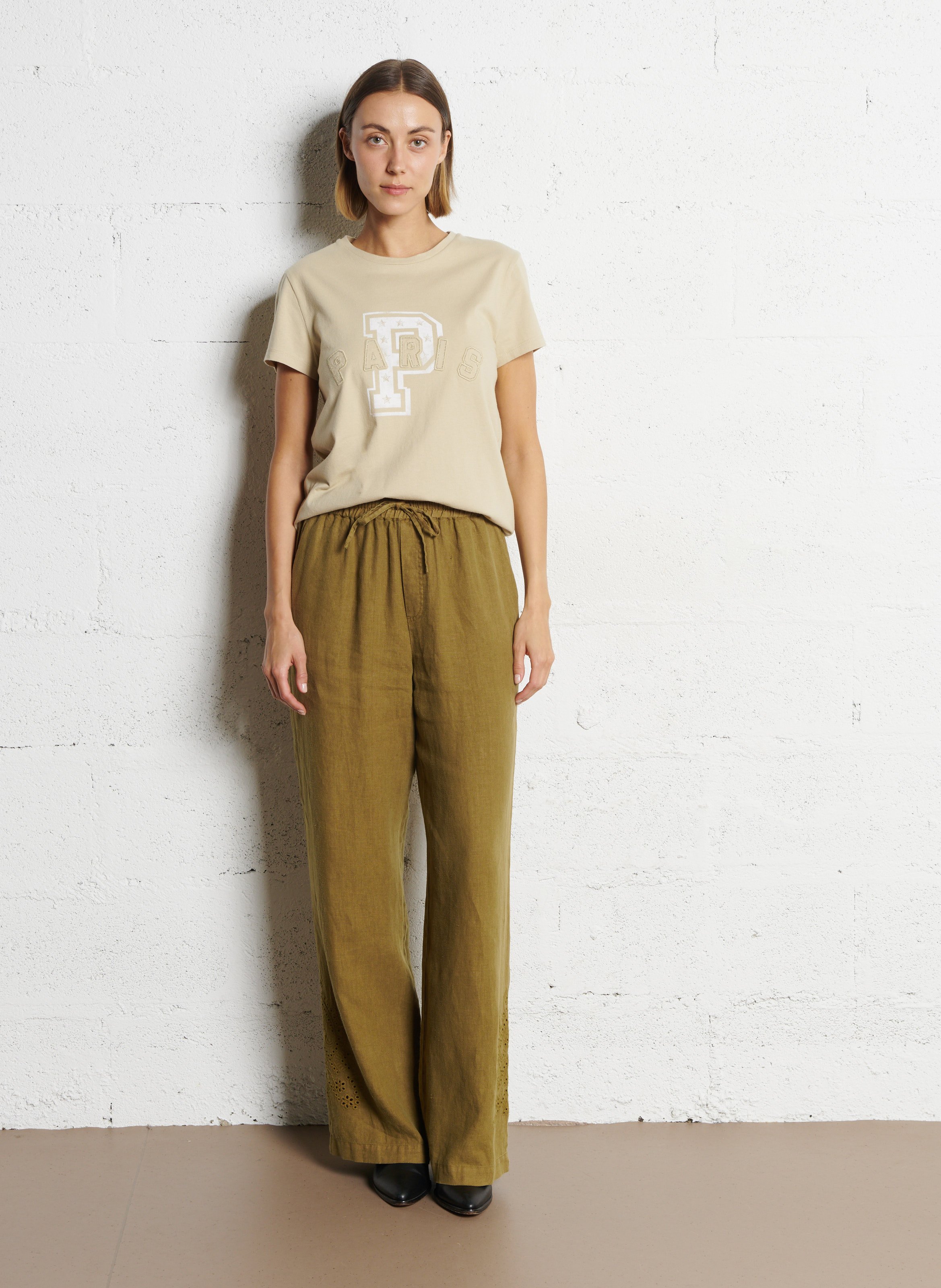 Pantalon large en lin IKKS Kaki